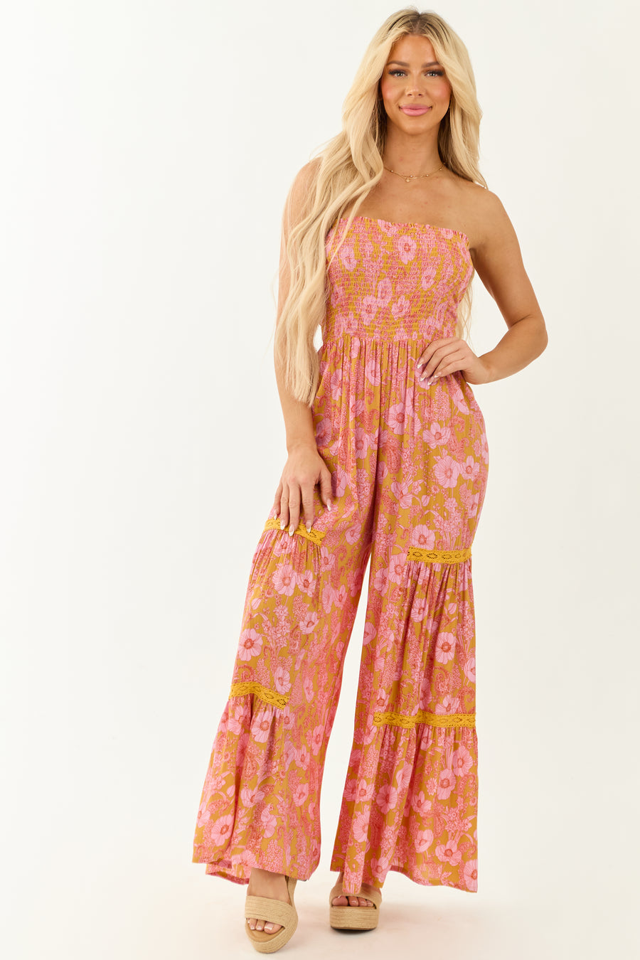 Marigold Floral Print Wide Leg Strapless Jumpsuit