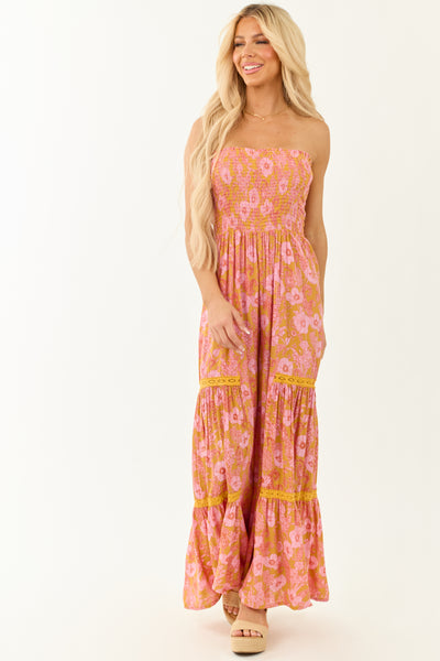 Marigold Floral Print Wide Leg Strapless Jumpsuit