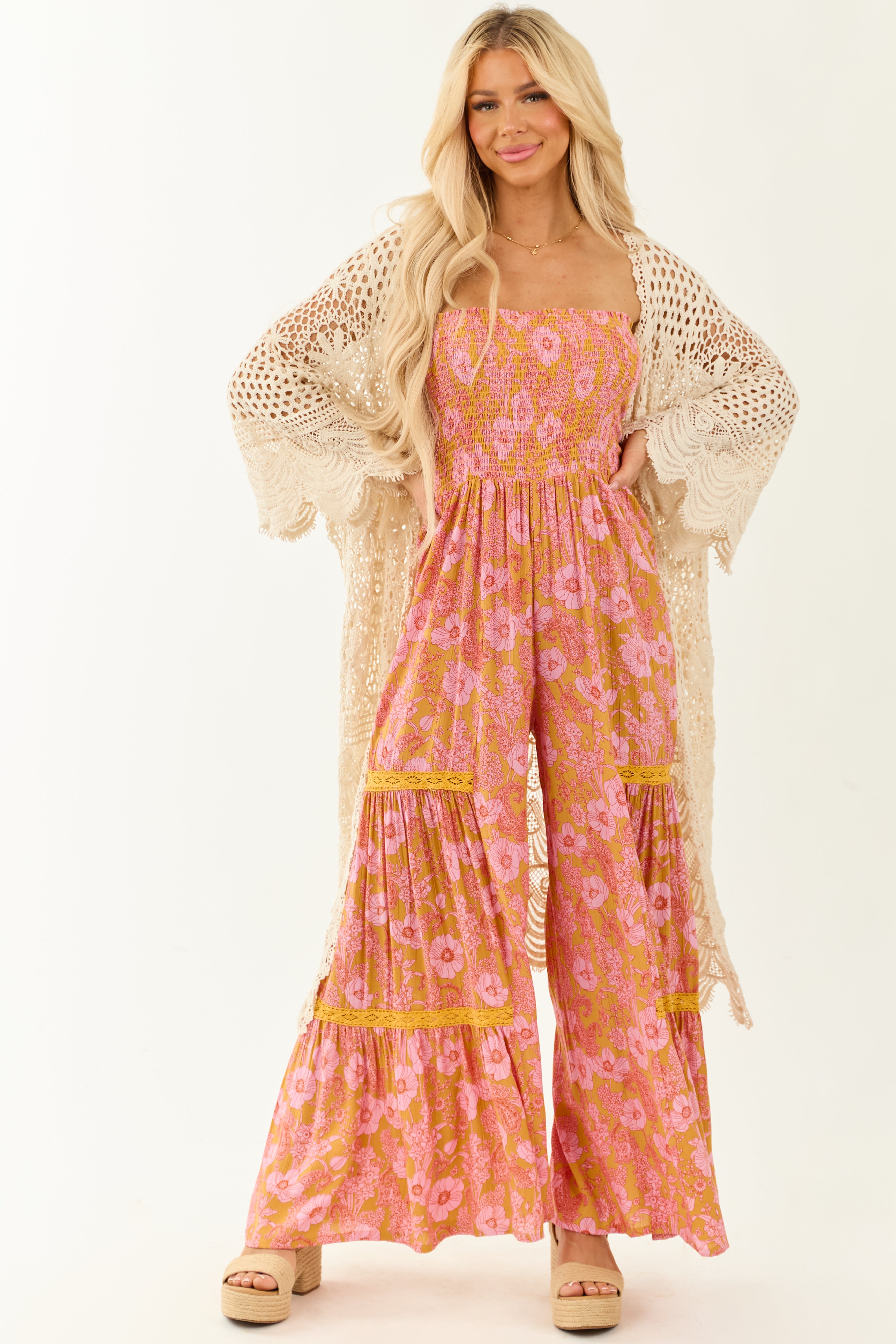 Marigold Floral Print Wide Leg Strapless Jumpsuit