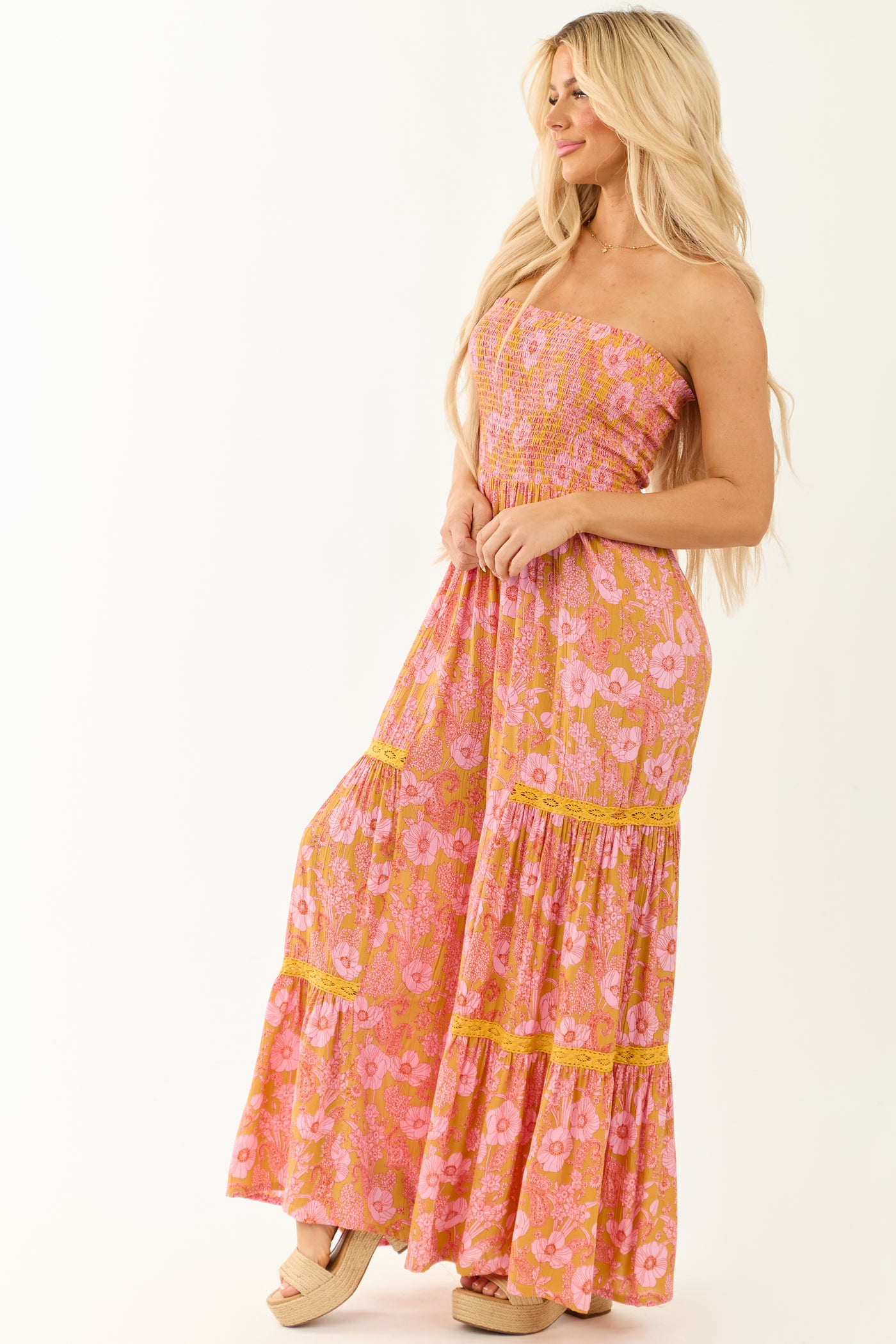Marigold Floral Print Wide Leg Strapless Jumpsuit