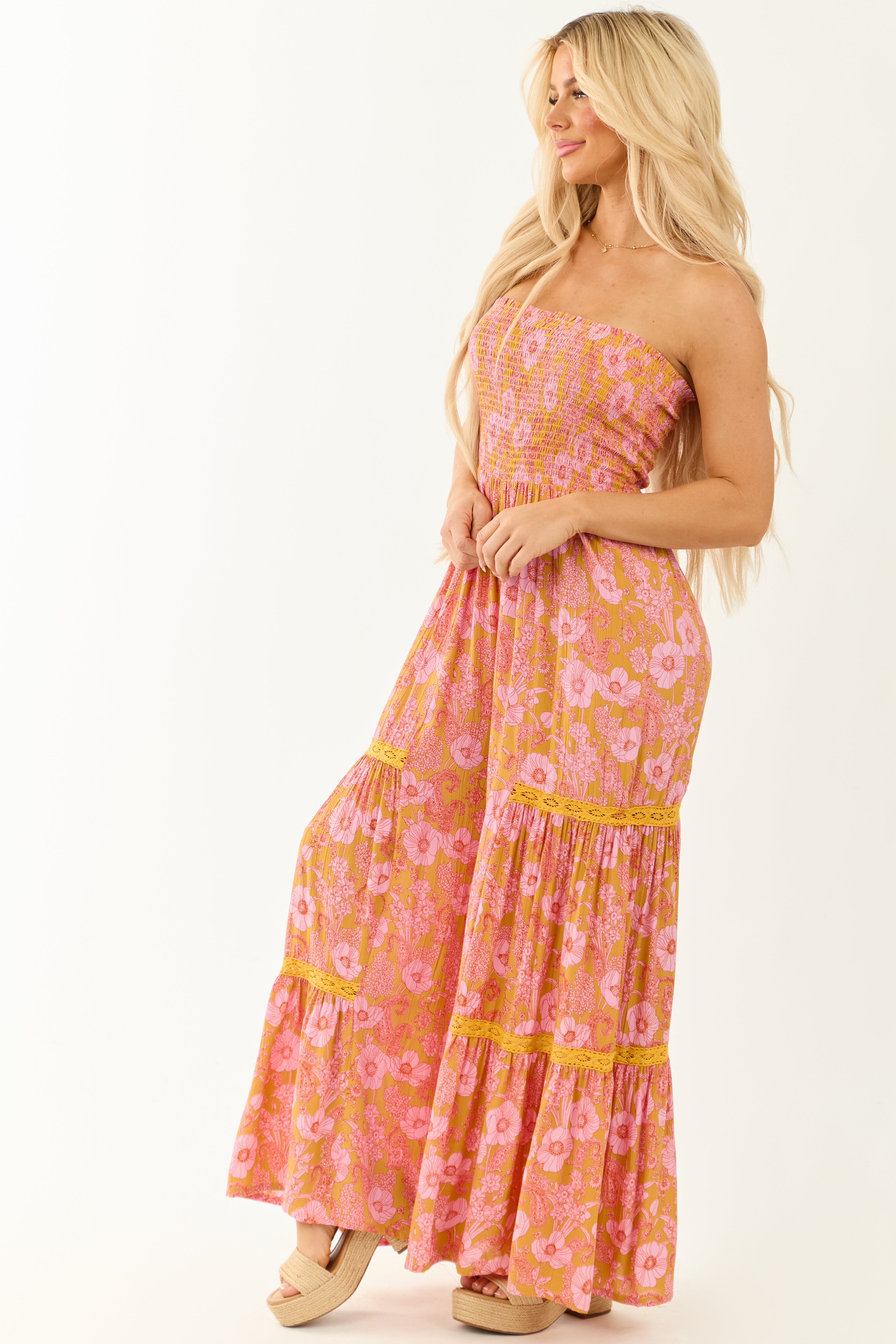 Marigold Floral Print Wide Leg Strapless Jumpsuit
