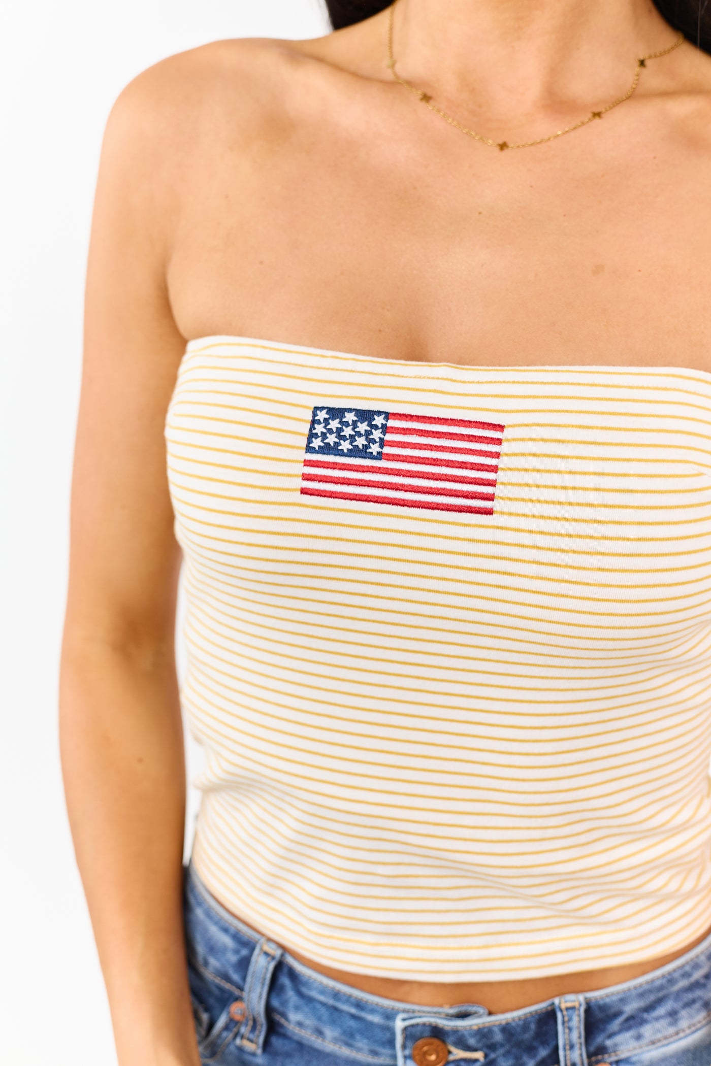 Marigold Striped American Flag Graphic Strapless Top