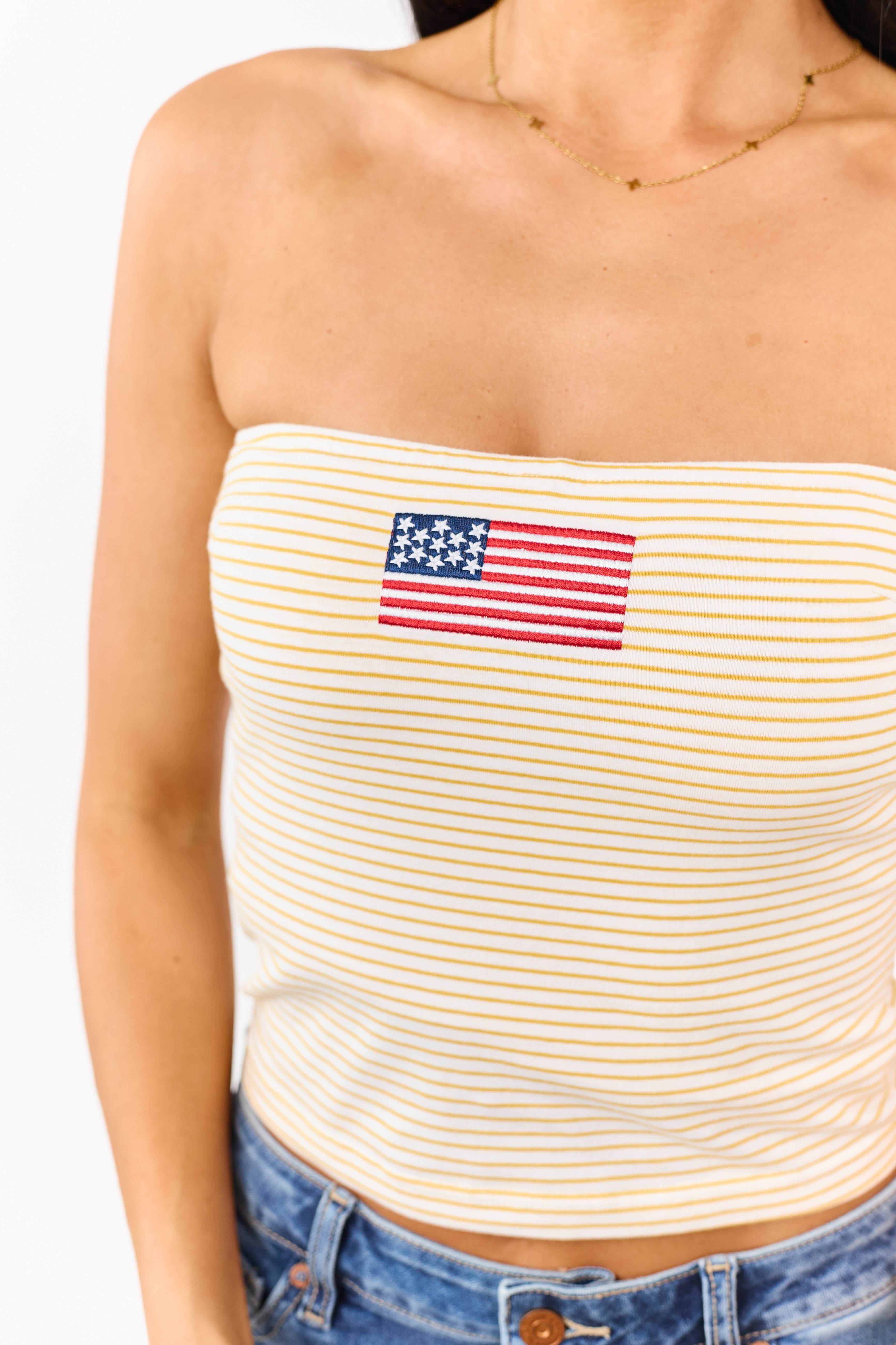 Marigold Striped American Flag Graphic Strapless Top