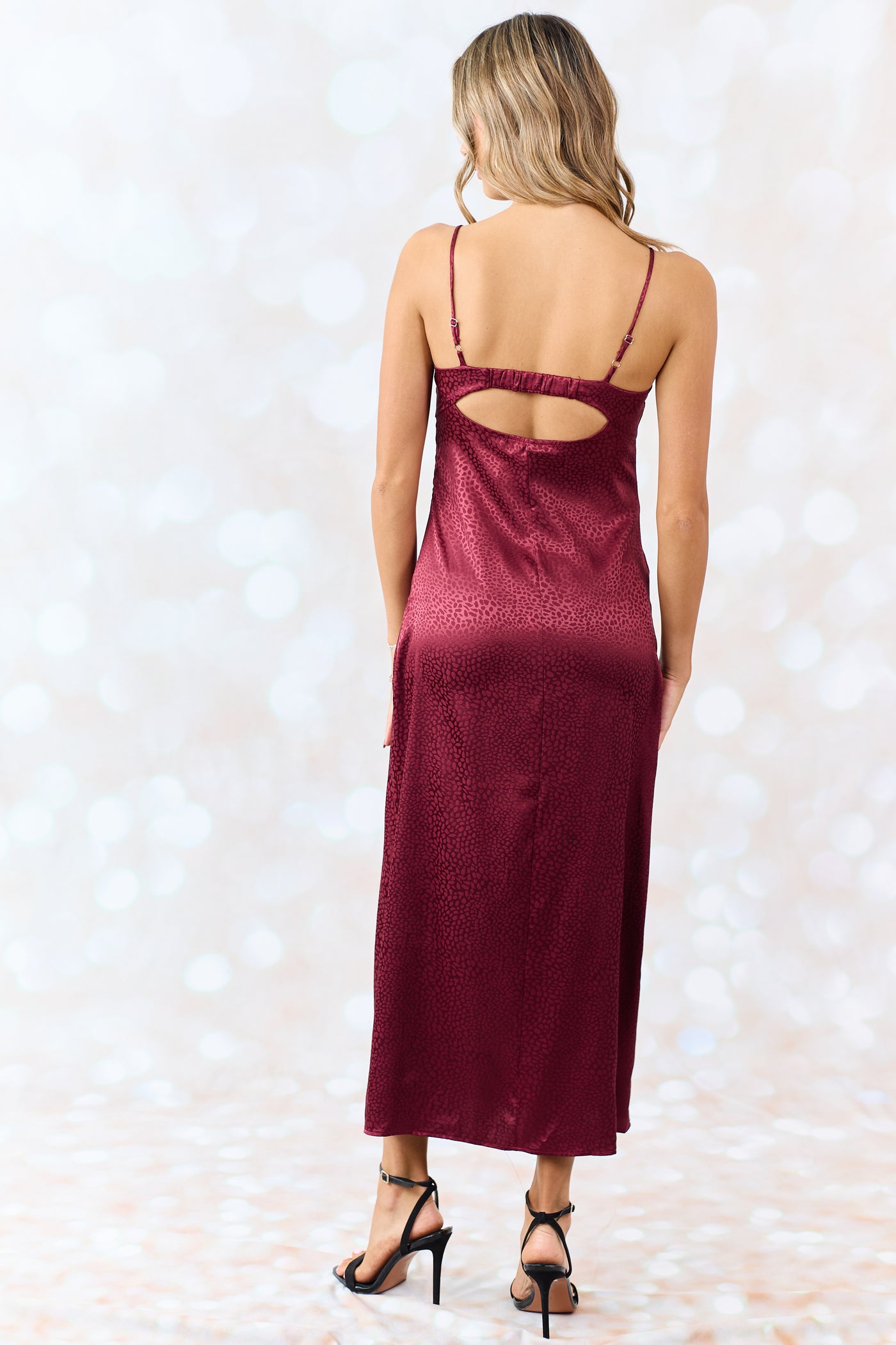 Maroon Animal Print Sleeveless Satin Midi Dress