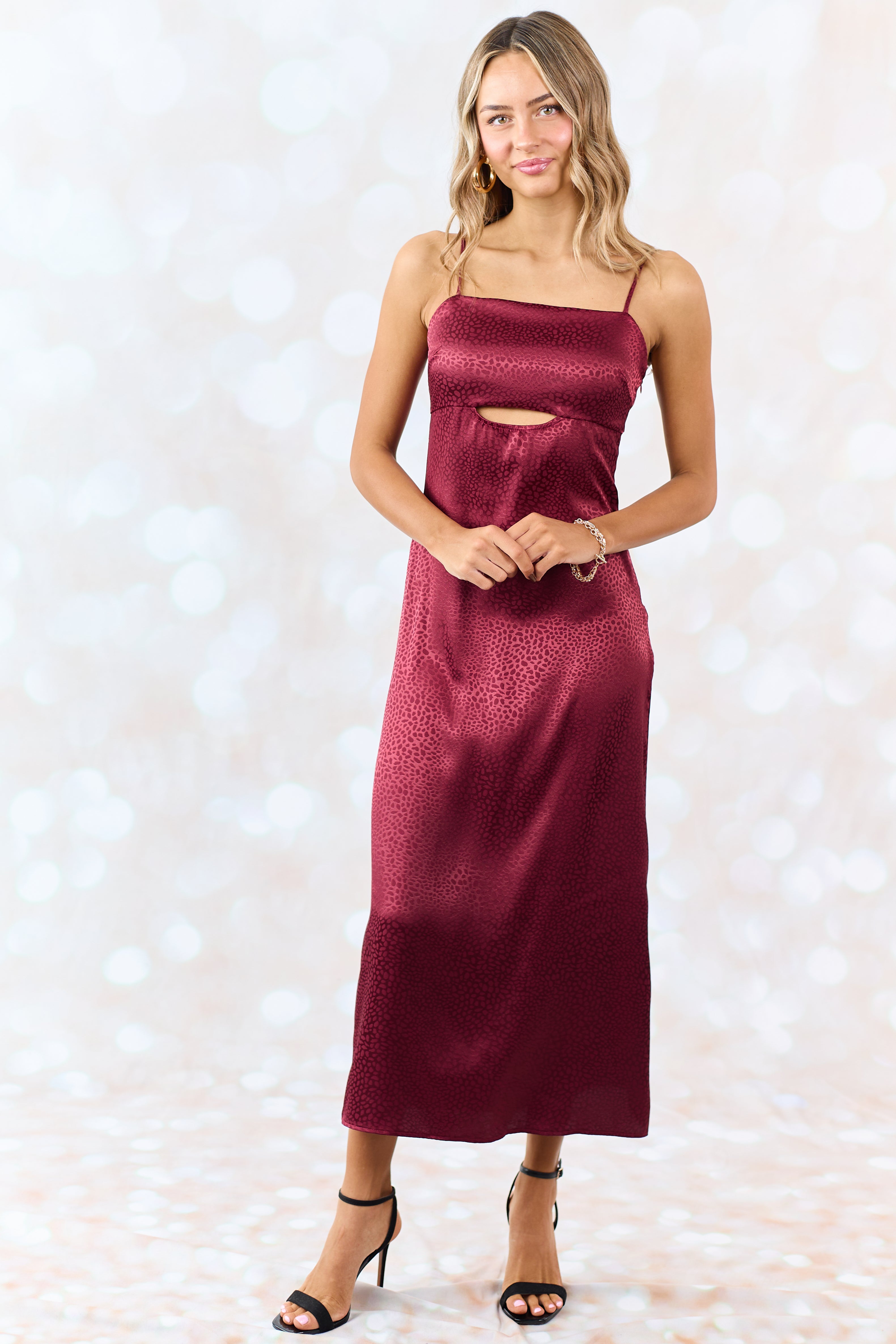 Maroon Animal Print Sleeveless Satin Midi Dress