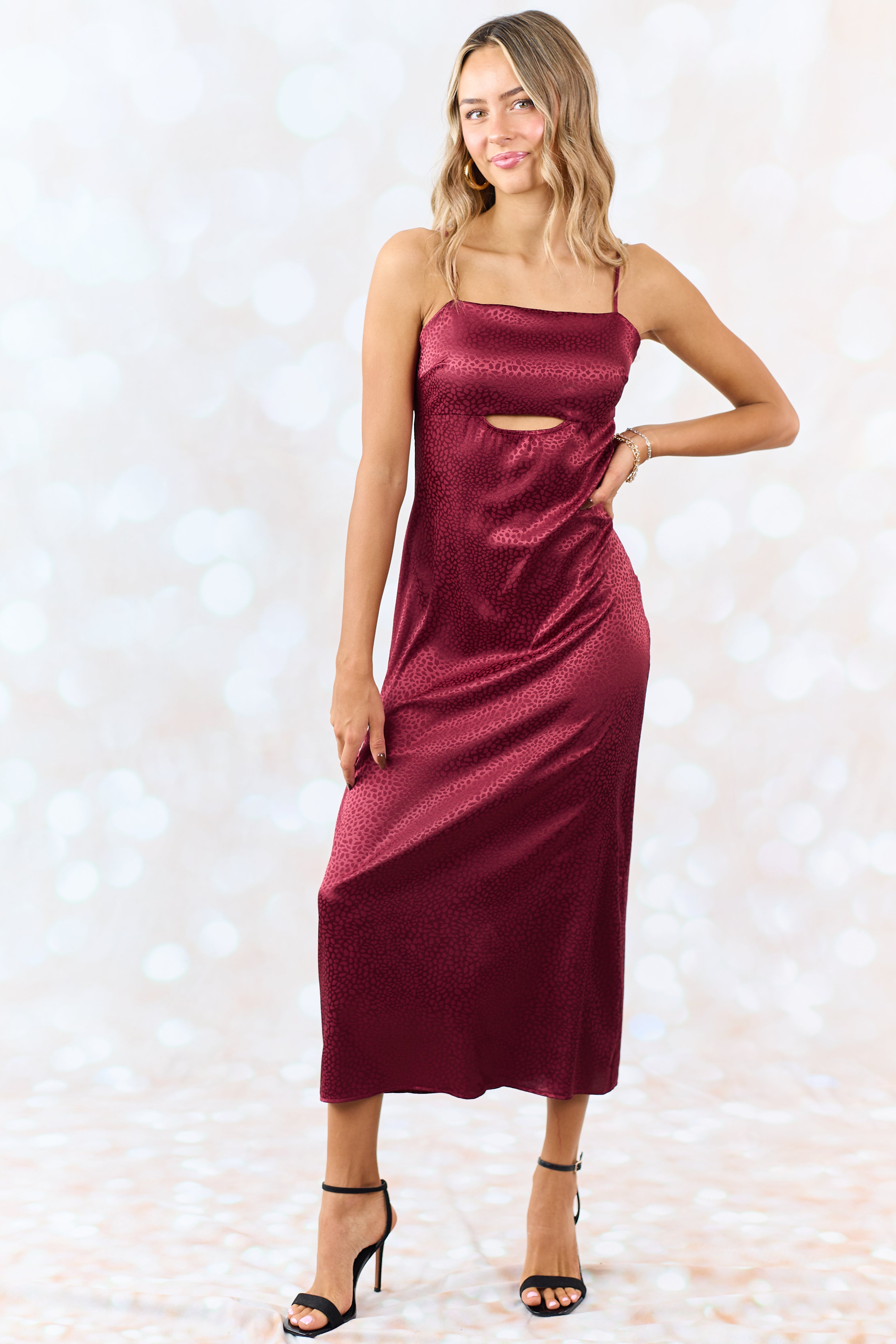 Maroon Animal Print Sleeveless Satin Midi Dress