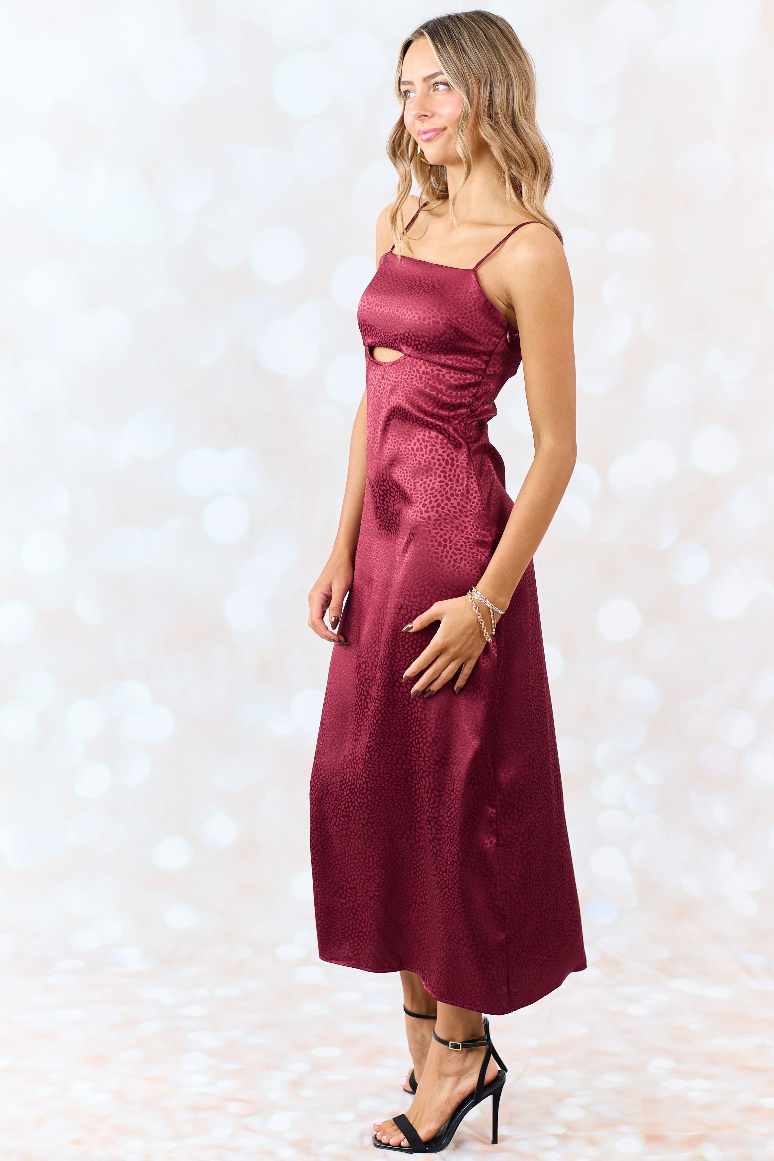 Maroon Animal Print Sleeveless Satin Midi Dress