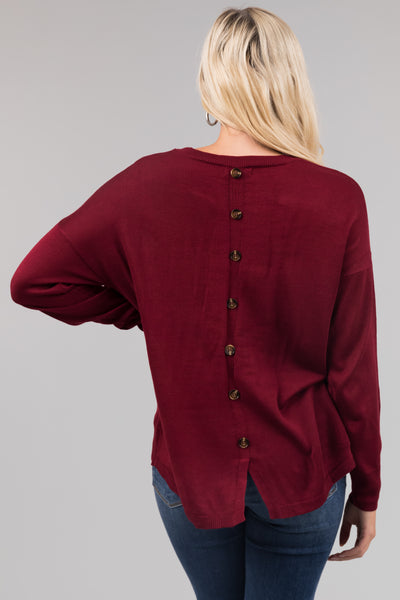 Maroon Back Button Detail Long Sleeve Top