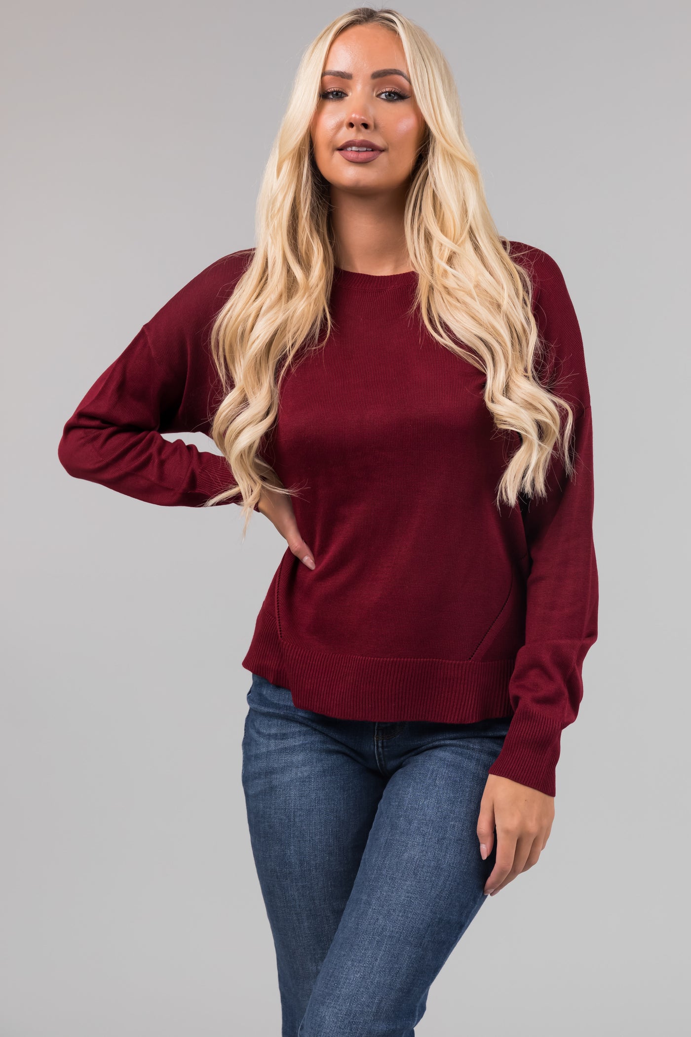 Maroon Back Button Detail Long Sleeve Top