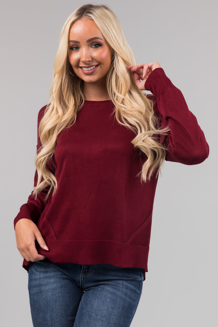 Maroon Back Button Detail Long Sleeve Top