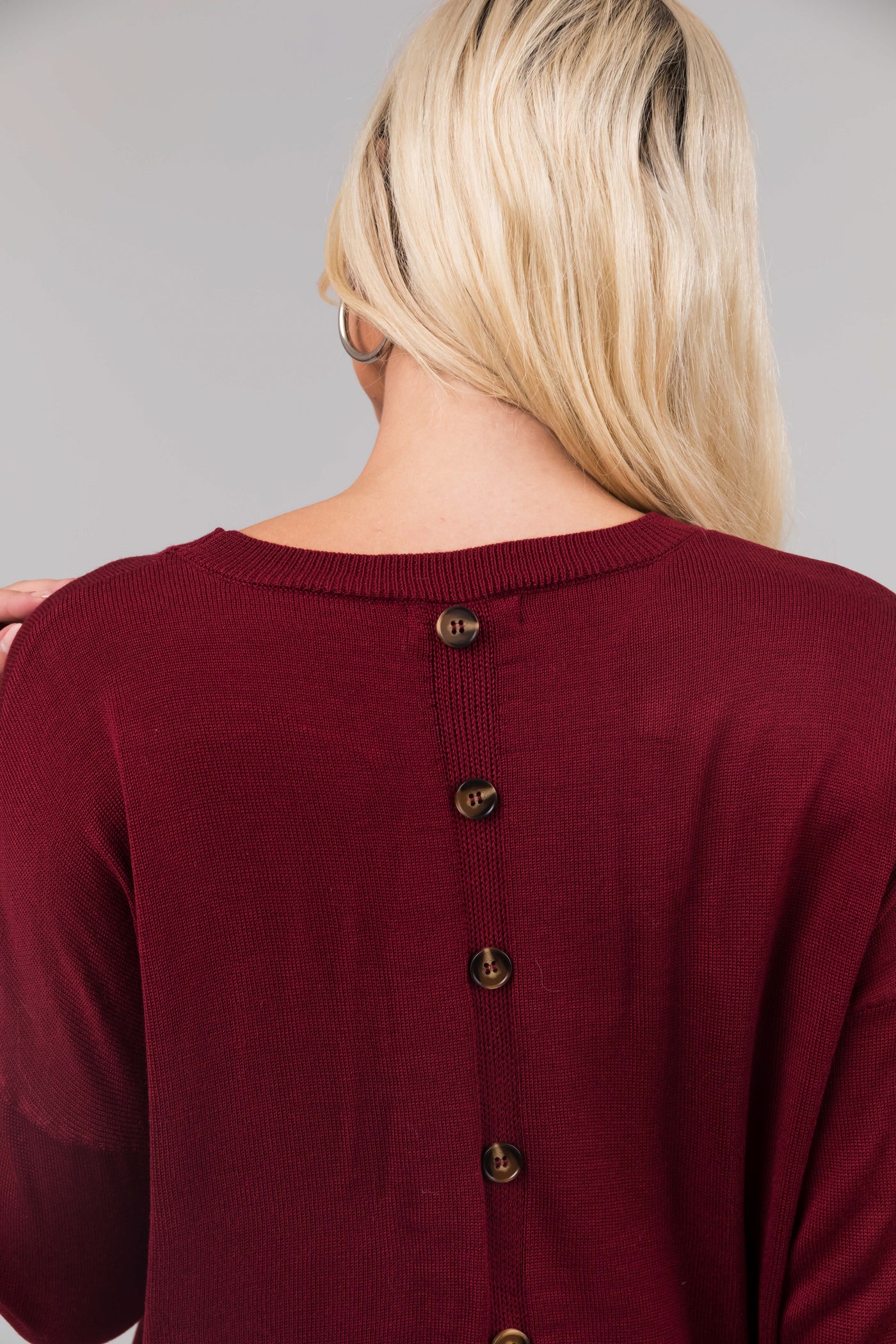 Maroon Back Button Detail Long Sleeve Top