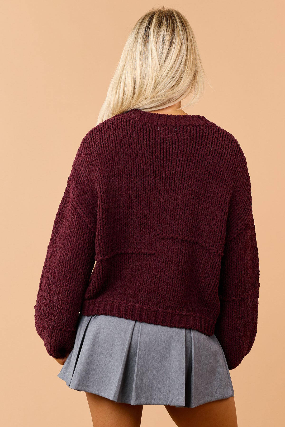 Maroon Chenille Open Knit Bubble Sleeve Sweater