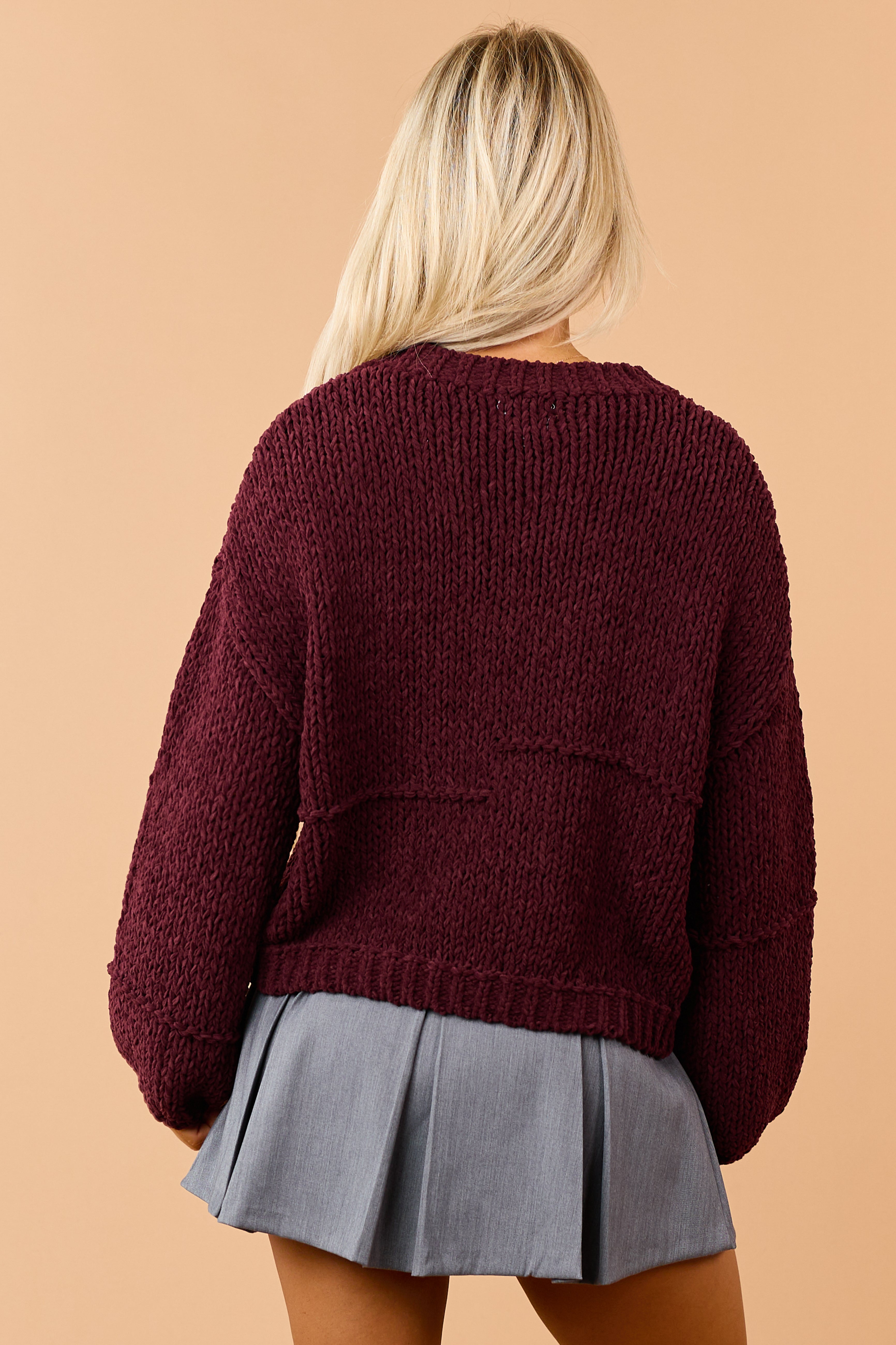 Maroon Chenille Open Knit Bubble Sleeve Sweater