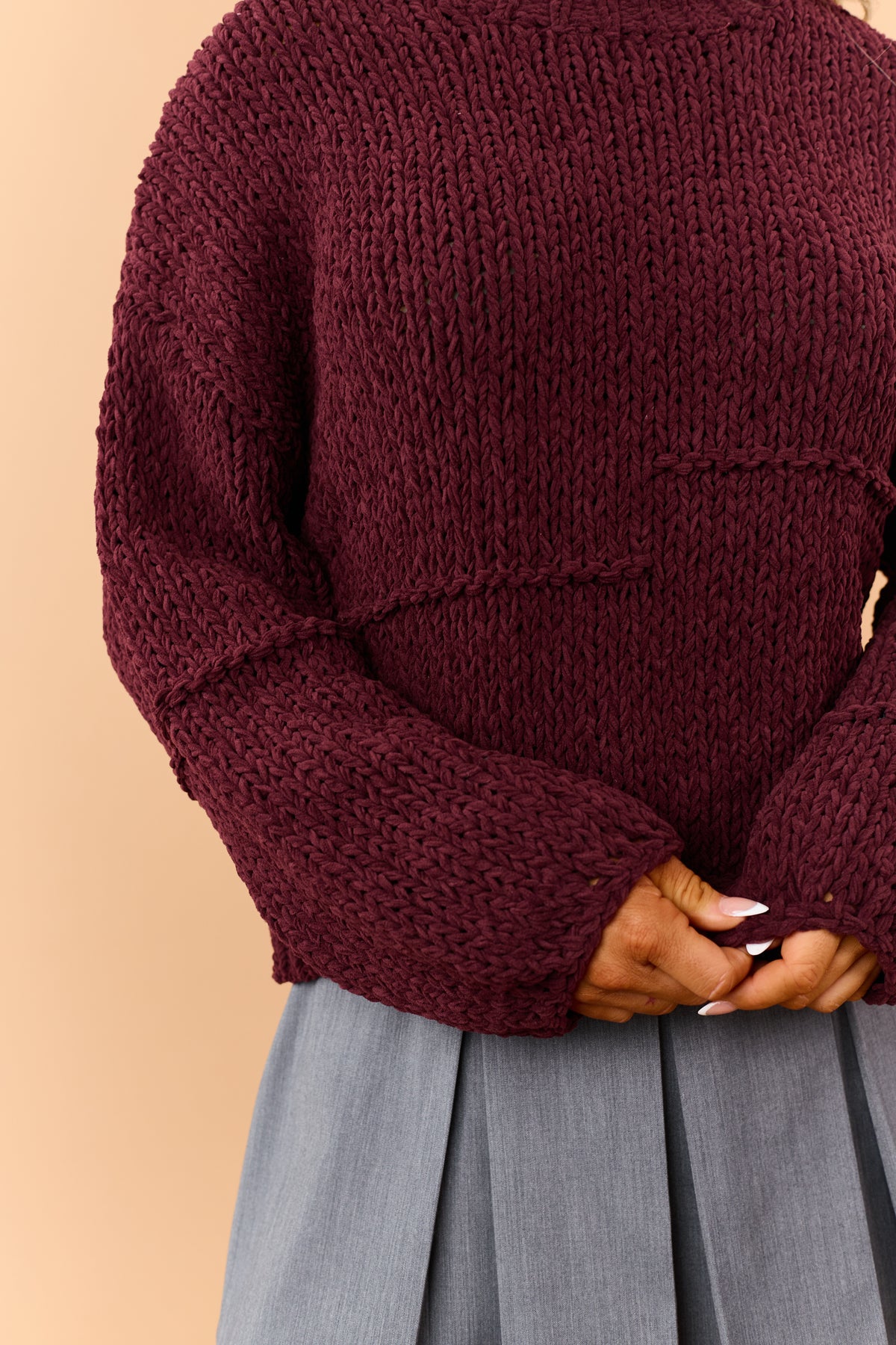 Maroon Chenille Open Knit Bubble Sleeve Sweater