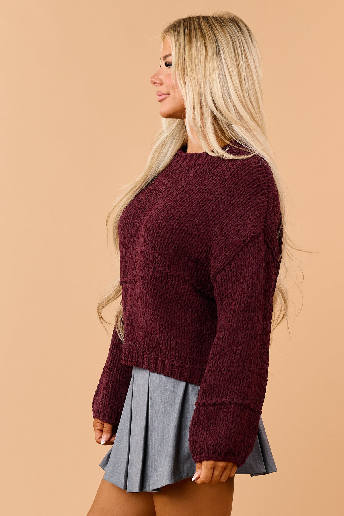 Maroon Chenille Open Knit Bubble Sleeve Sweater