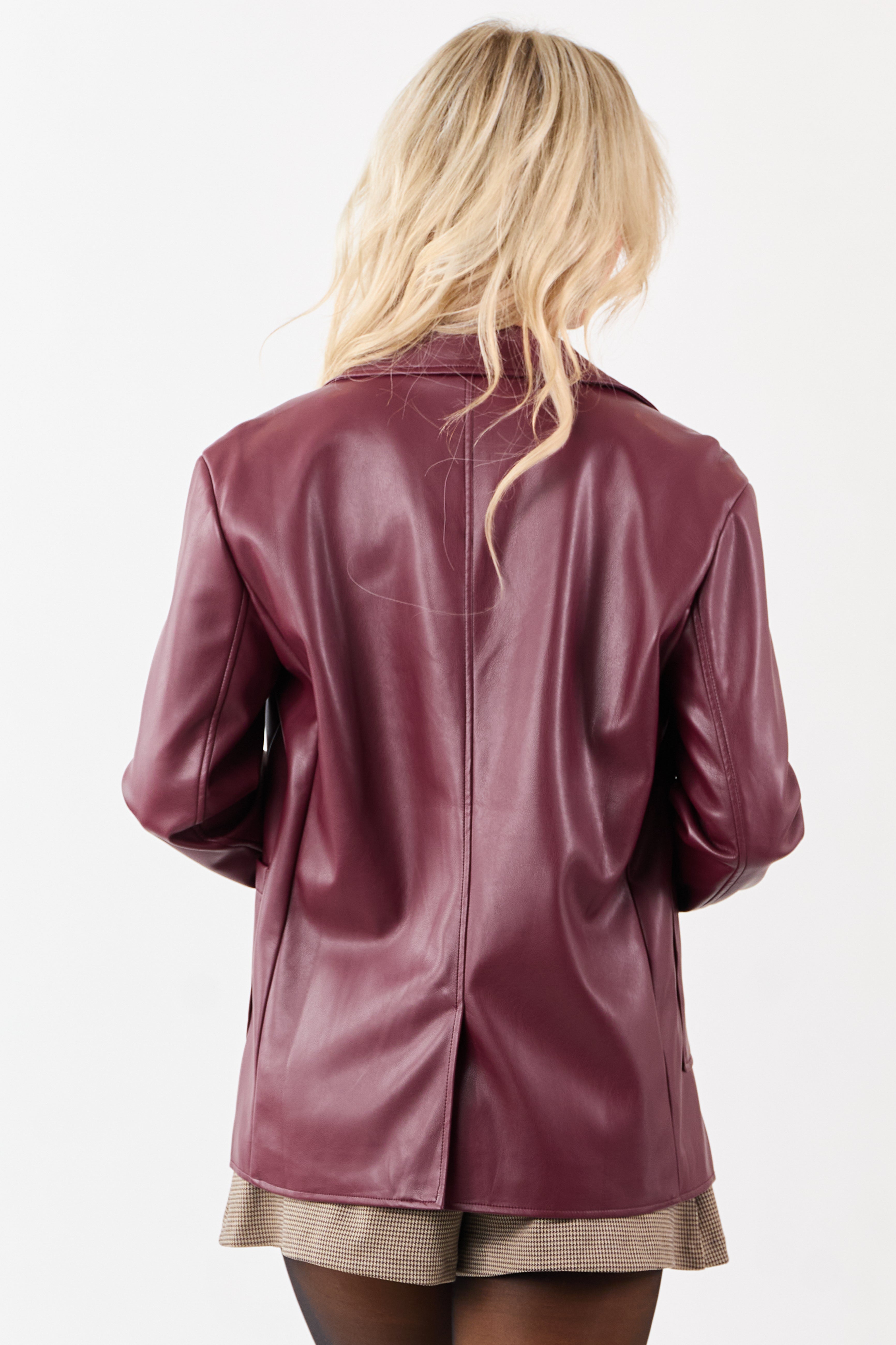 Maroon Collared Button Down Faux Leather Blazer