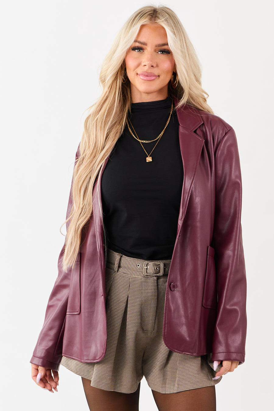 Maroon Collared Button Down Faux Leather Blazer