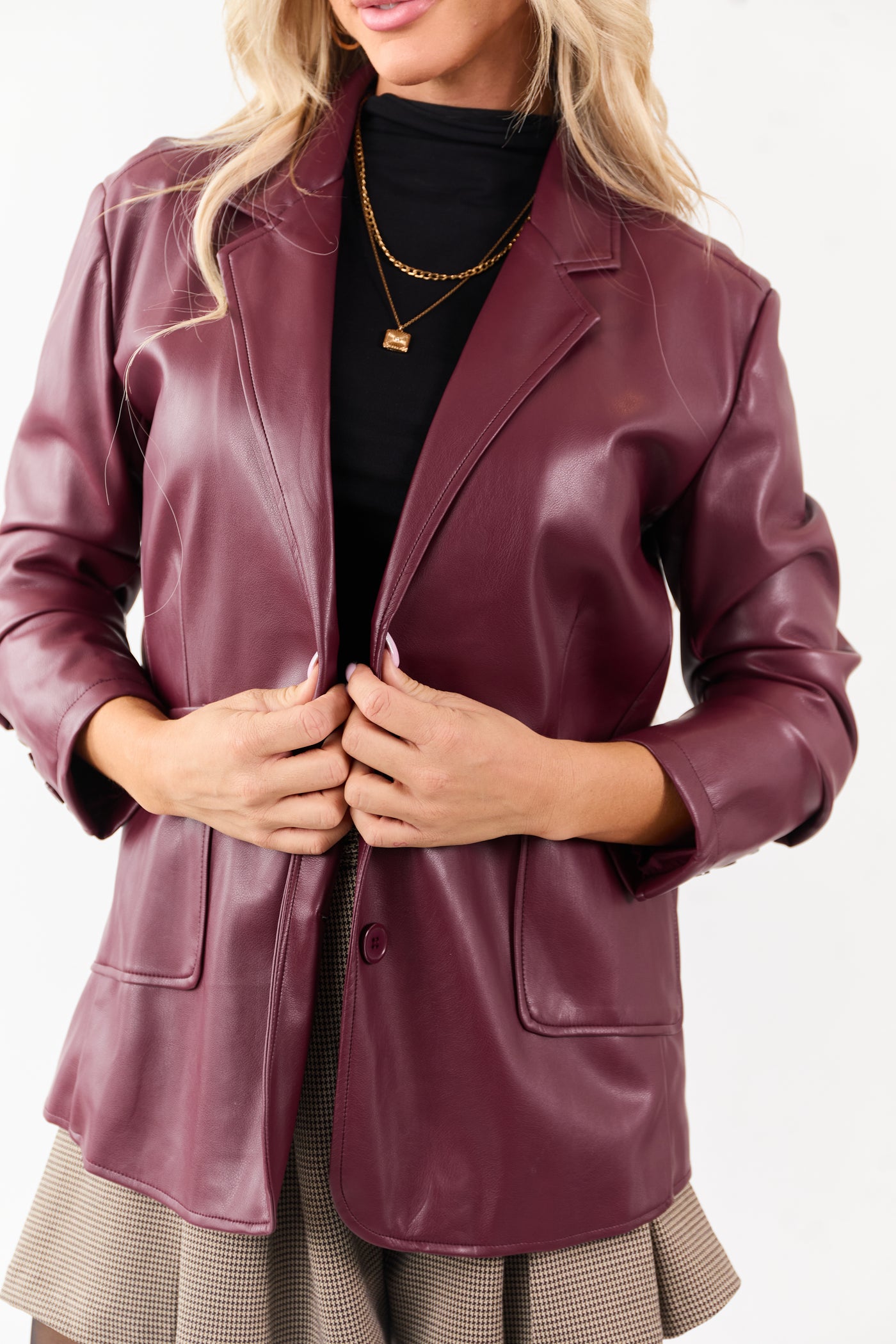 Maroon Collared Button Down Faux Leather Blazer