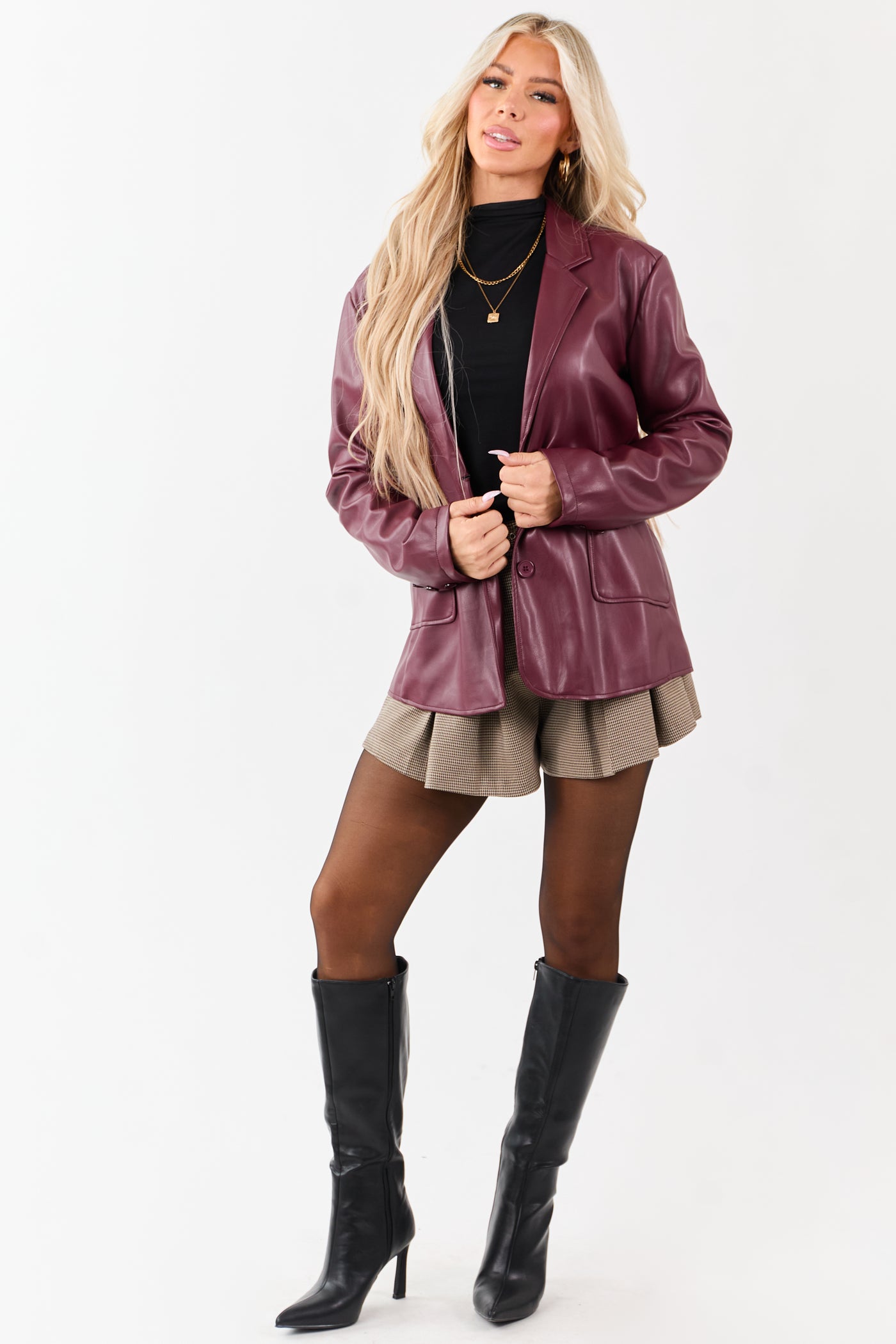 Maroon Collared Button Down Faux Leather Blazer