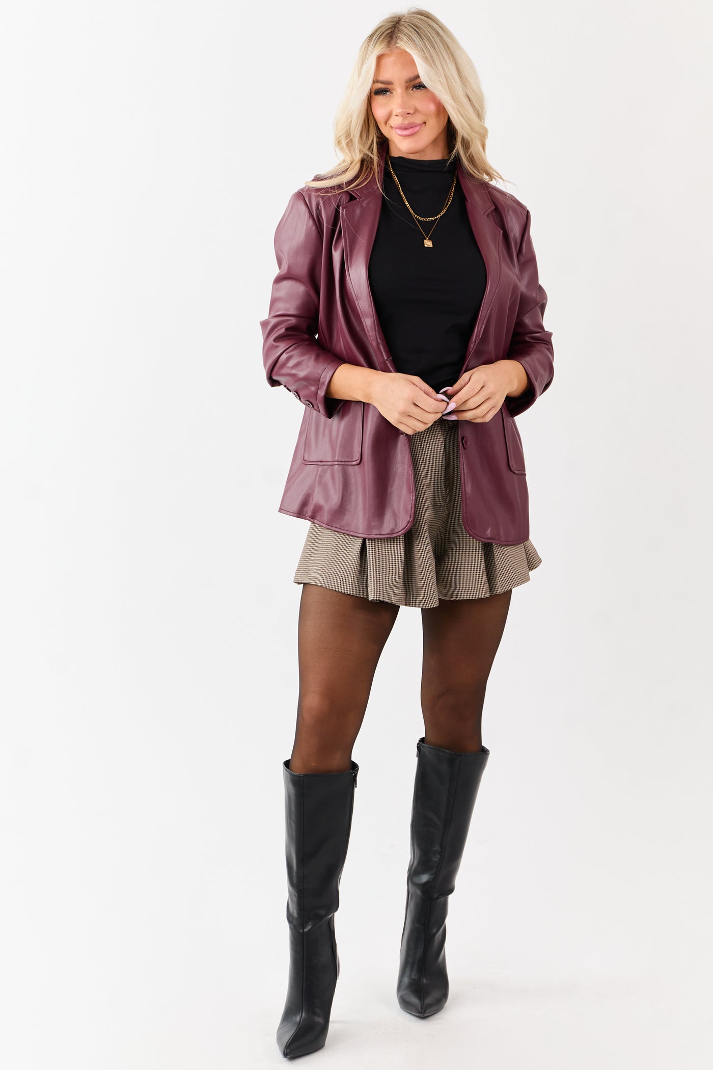 Maroon Collared Button Down Faux Leather Blazer