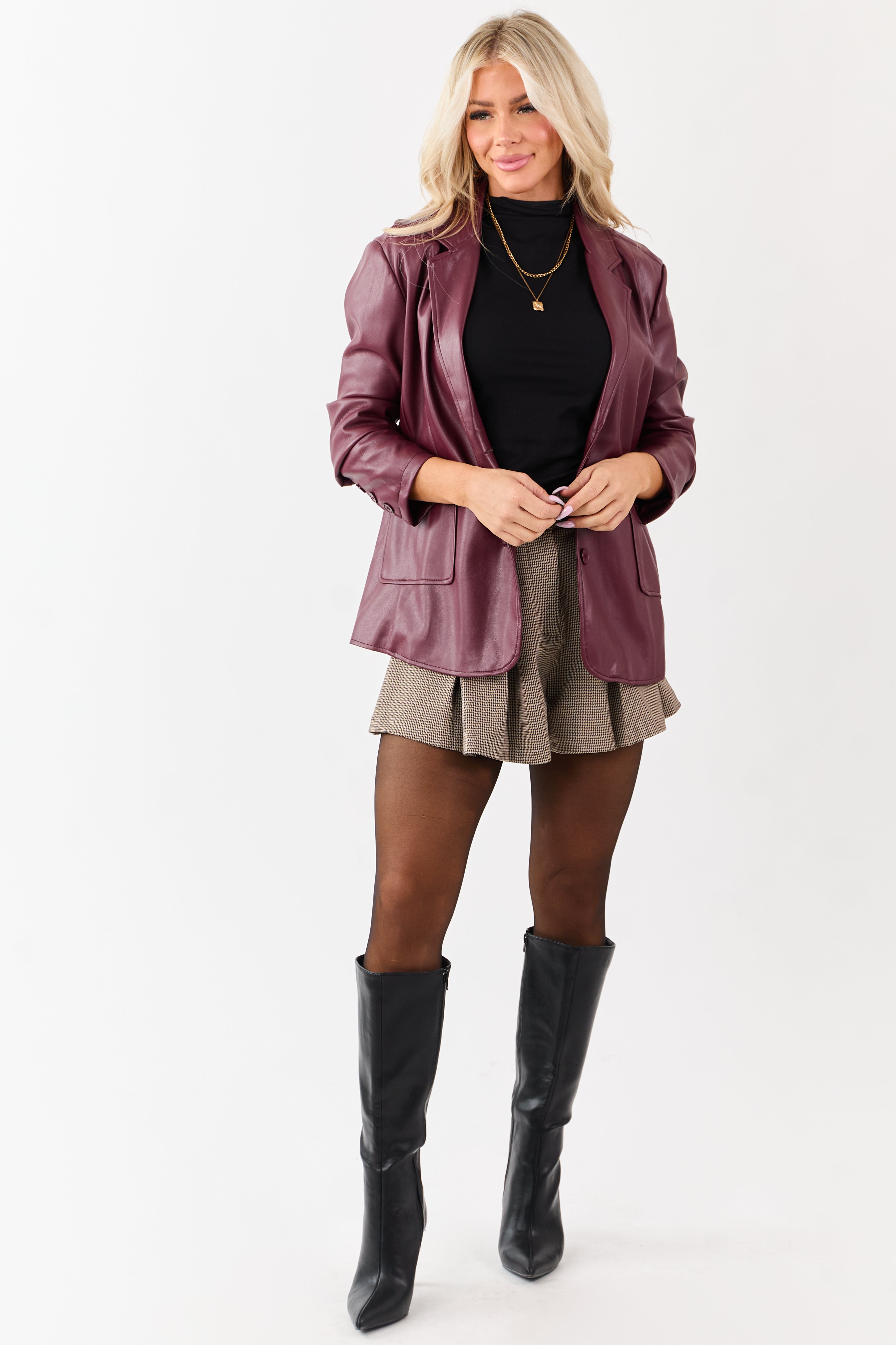 Maroon Collared Button Down Faux Leather Blazer