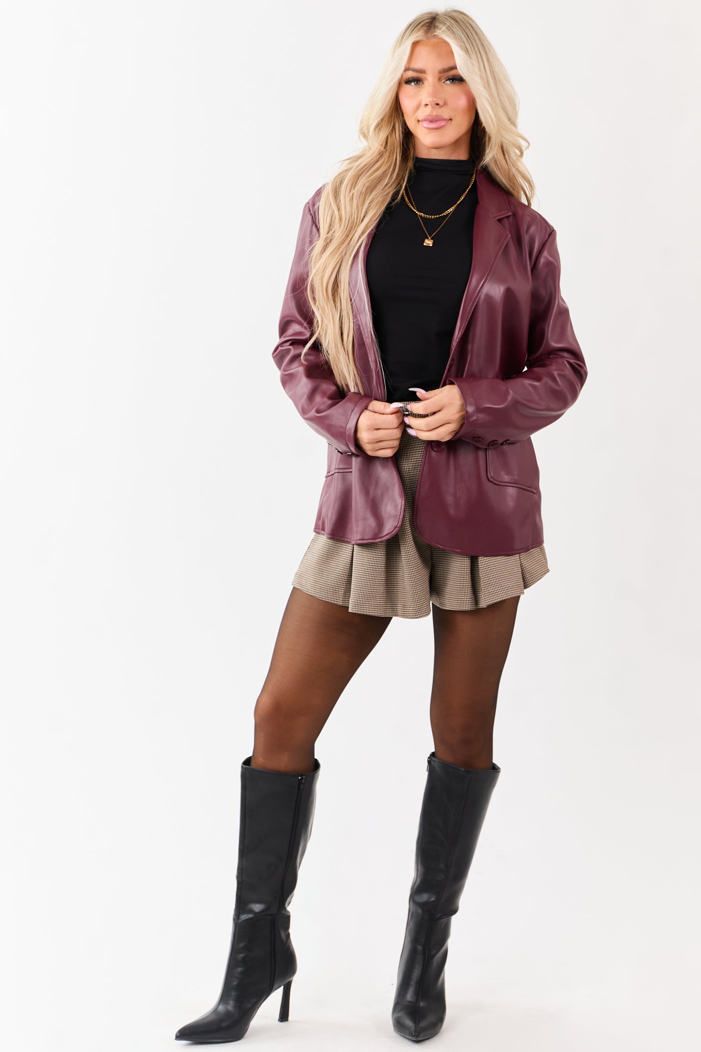 Maroon Collared Button Down Faux Leather Blazer