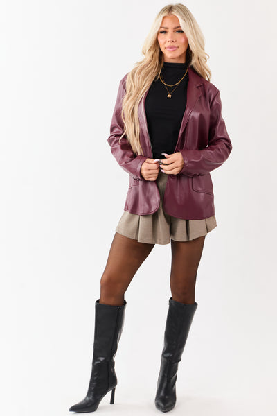 Maroon Collared Button Down Faux Leather Blazer