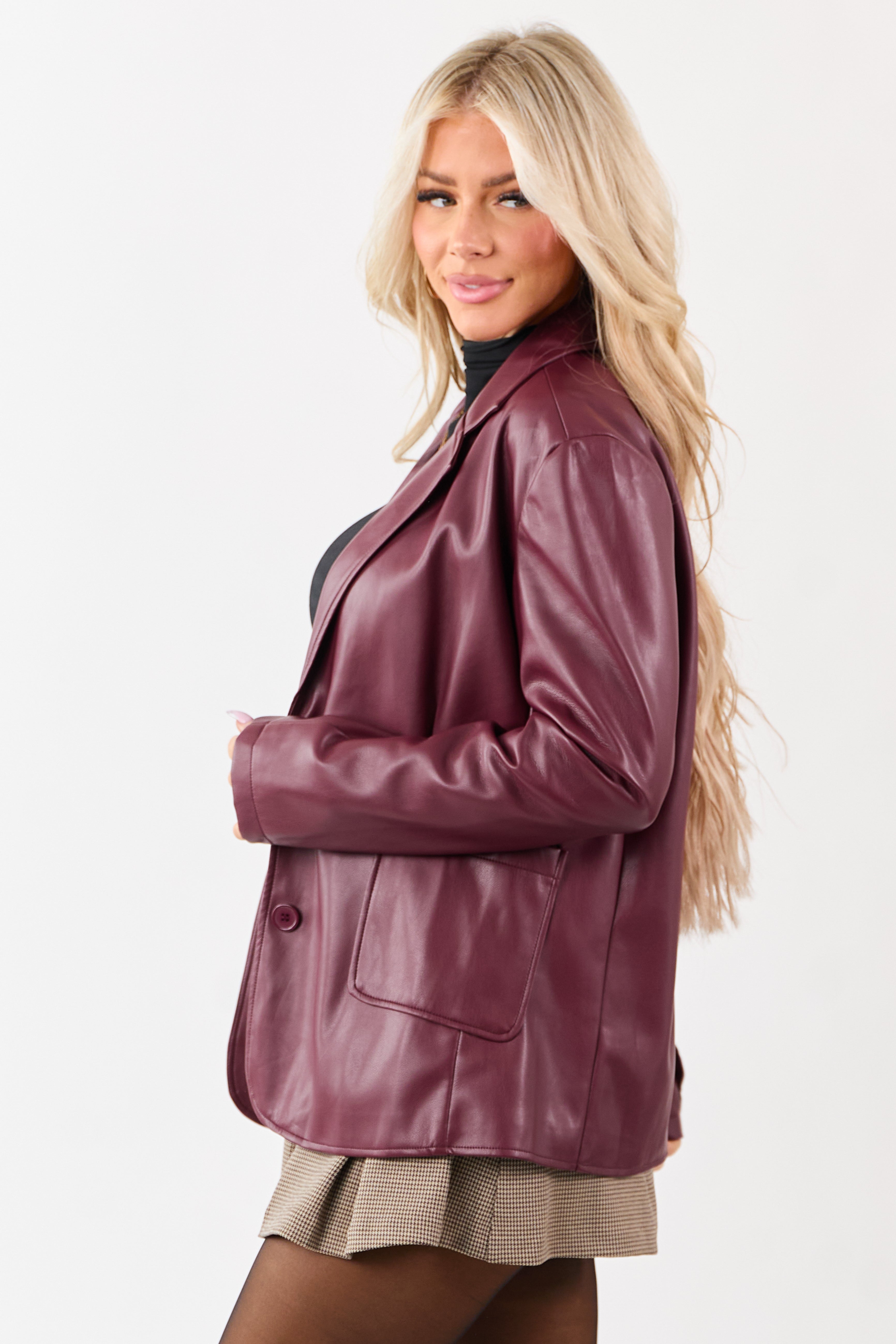 Maroon Collared Button Down Faux Leather Blazer