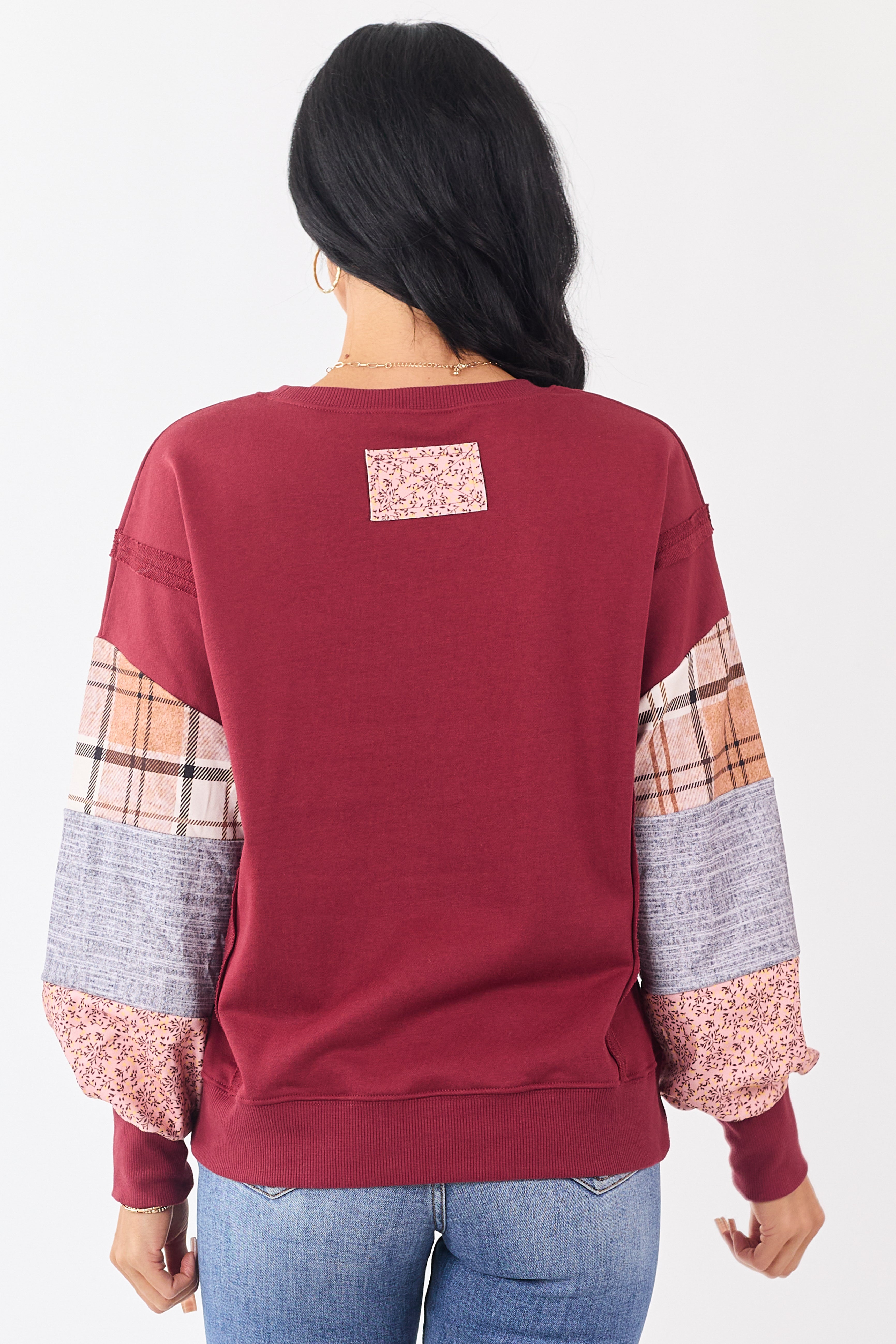 Maroon Contrast Patchwork Raw Seam Sweatshirt