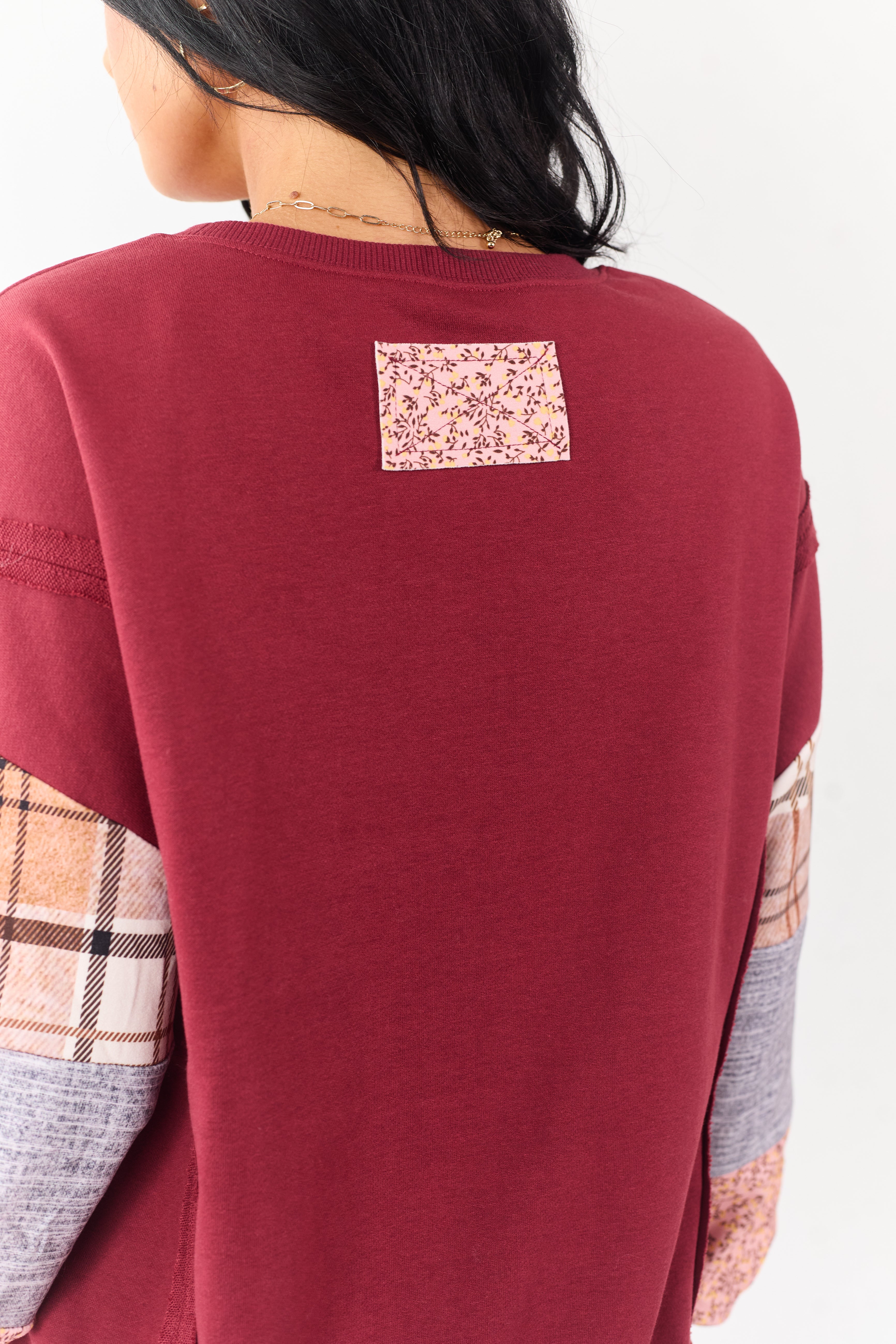 Maroon Contrast Patchwork Raw Seam Sweatshirt