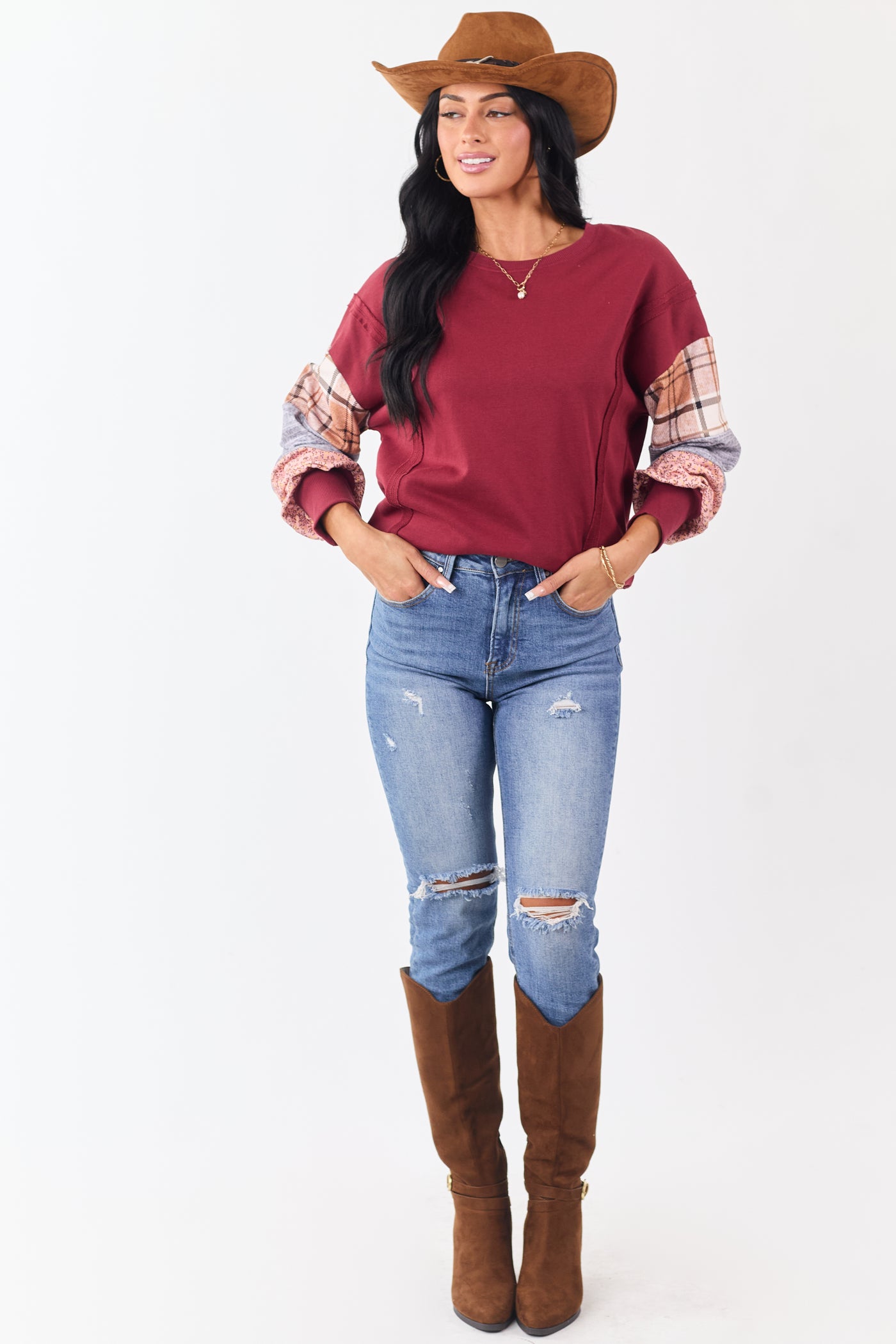 Maroon Contrast Patchwork Raw Seam Sweatshirt