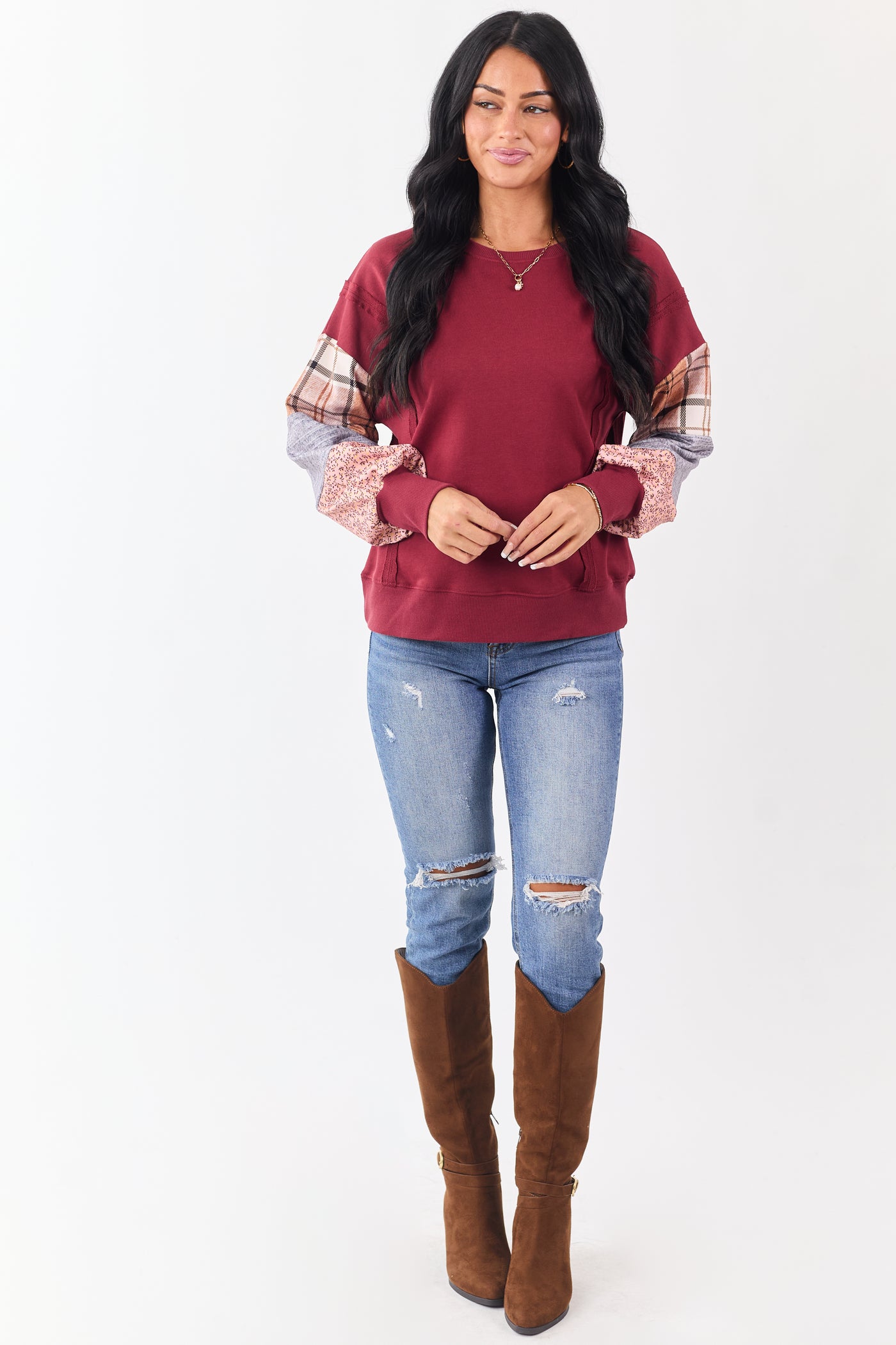 Maroon Contrast Patchwork Raw Seam Sweatshirt