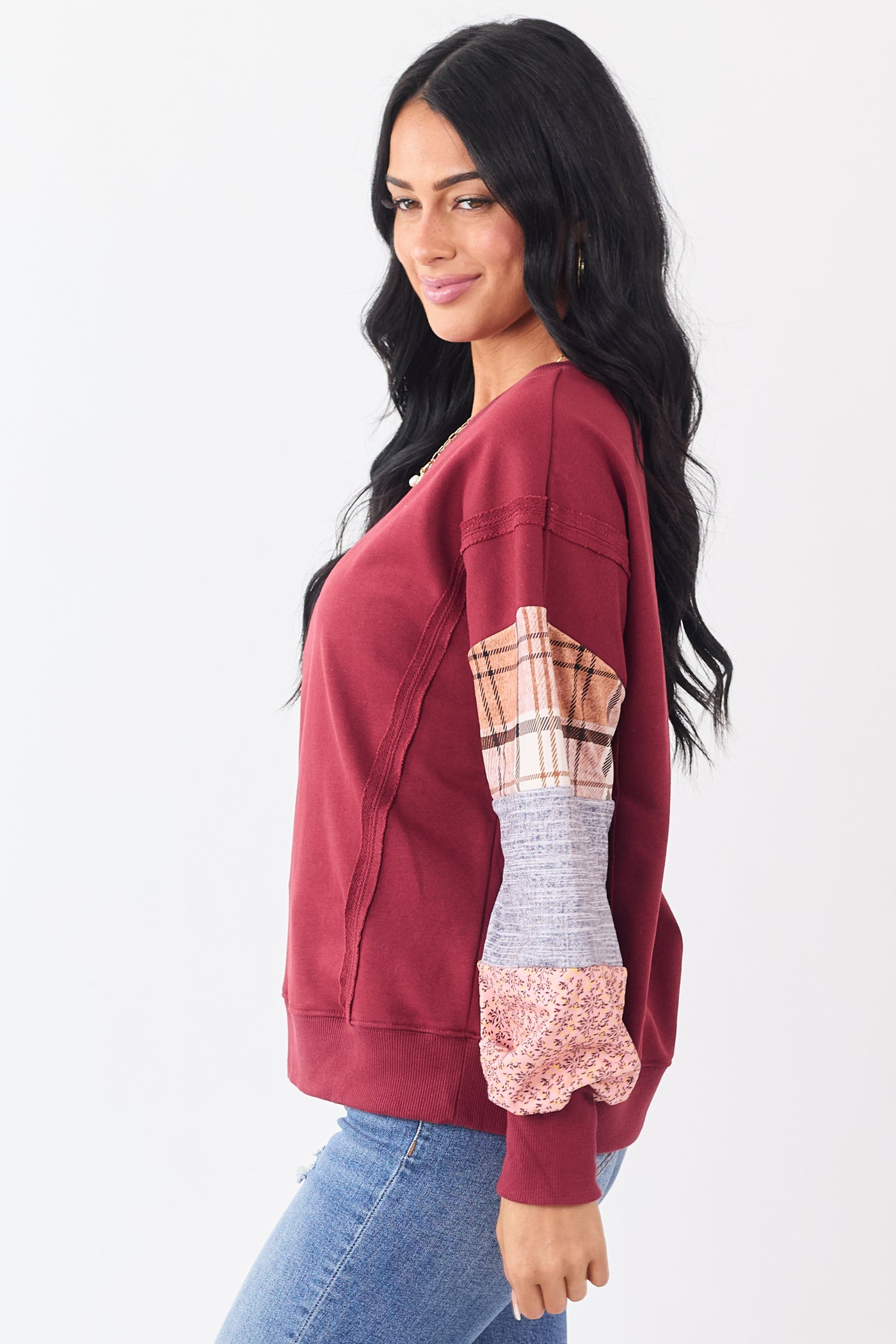 Maroon Contrast Patchwork Raw Seam Sweatshirt