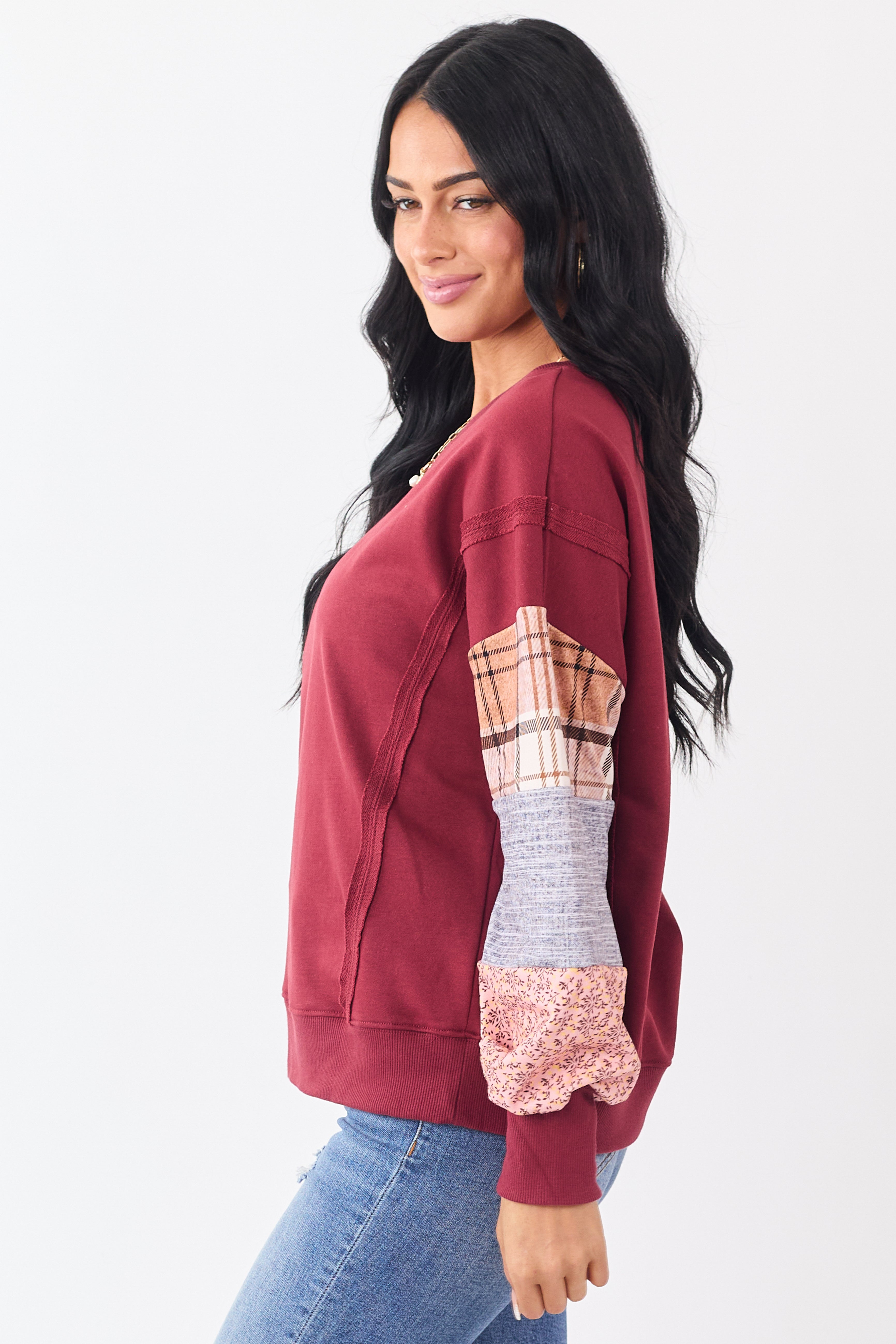 Maroon Contrast Patchwork Raw Seam Sweatshirt