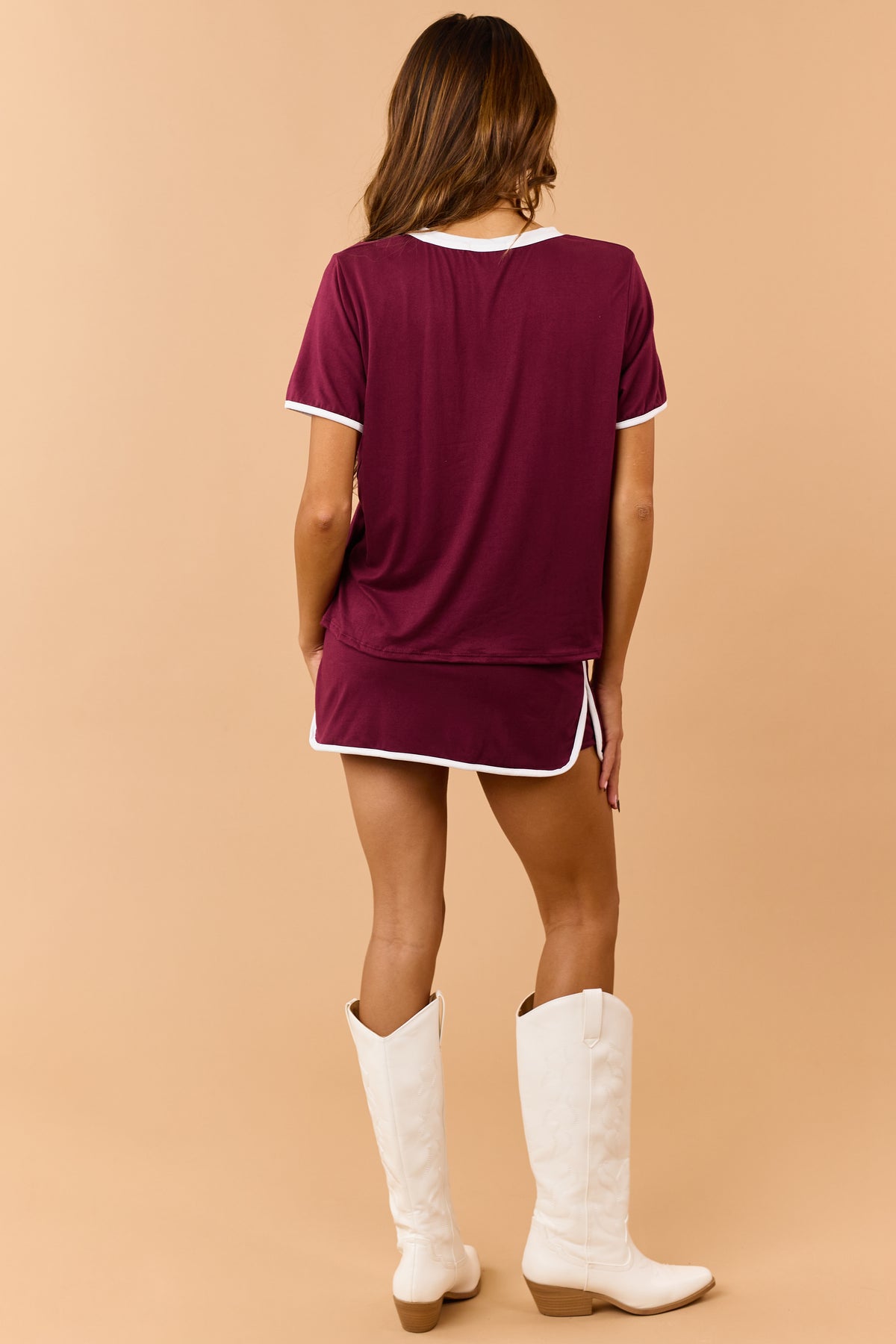 Maroon Contrast Trim Knit Top and Skort Set