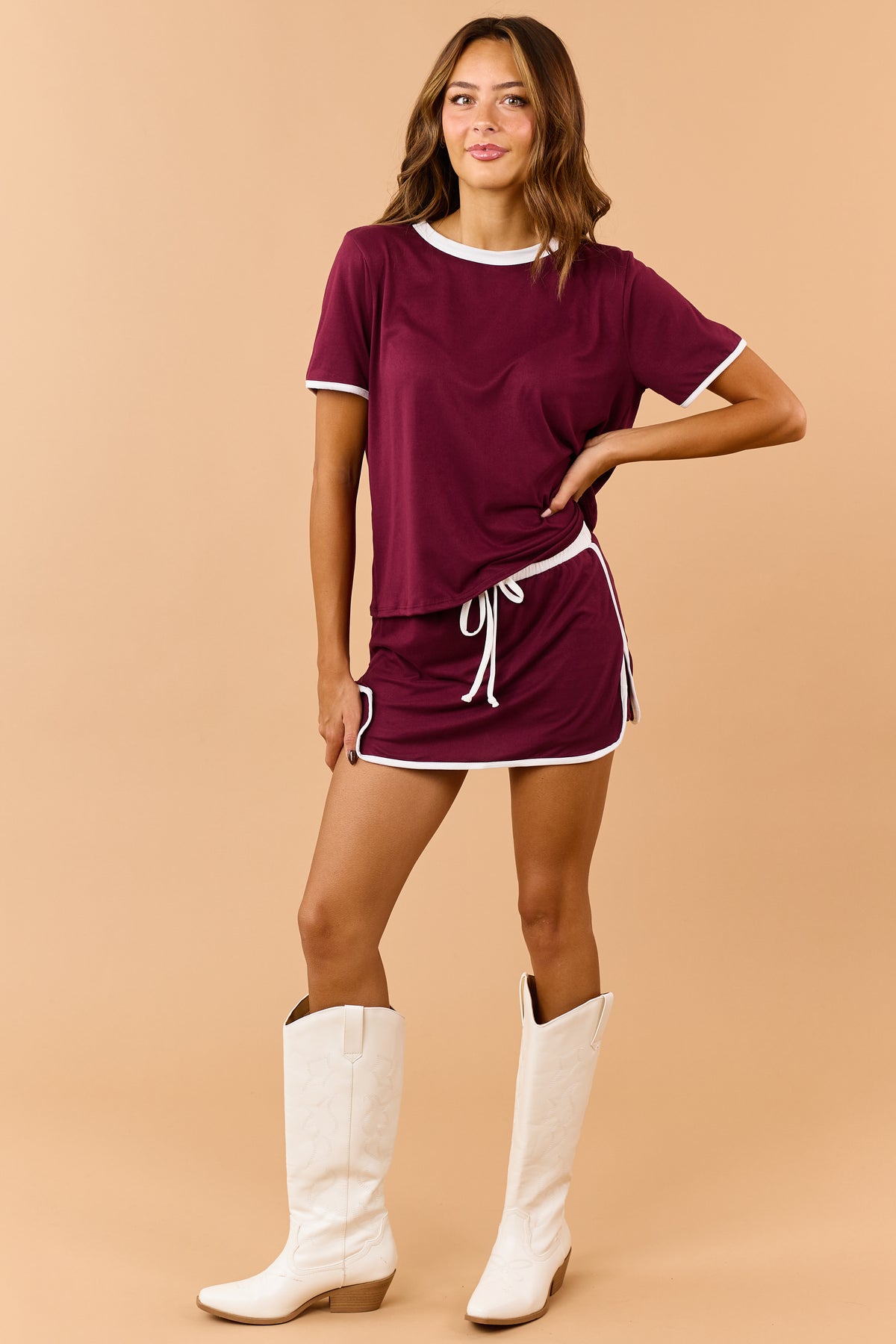 Maroon Contrast Trim Knit Top and Skort Set
