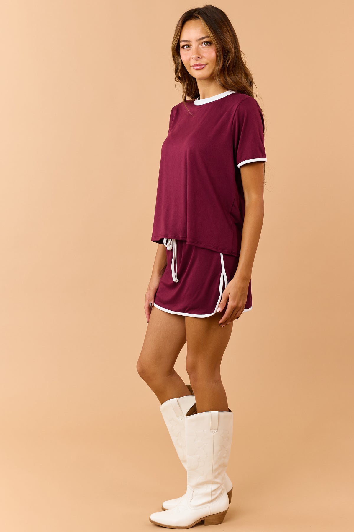 Maroon Contrast Trim Knit Top and Skort Set