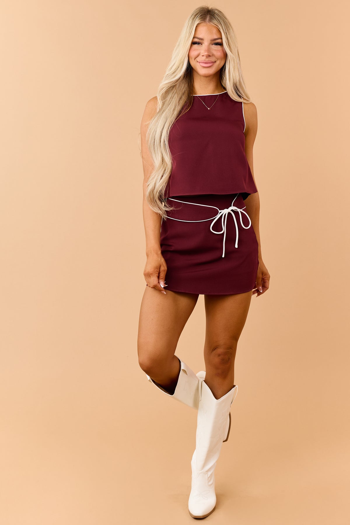 Maroon Contrast Trim Waist Tie Mini Skort