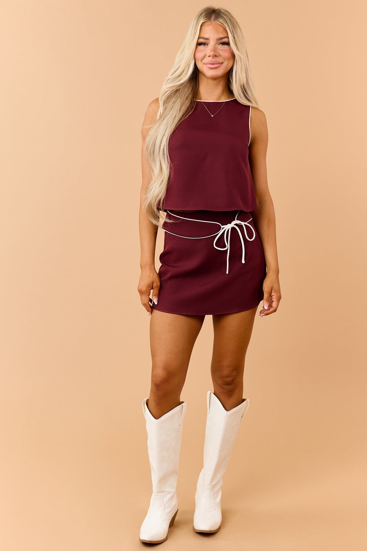 Maroon Contrast Trim Waist Tie Mini Skort