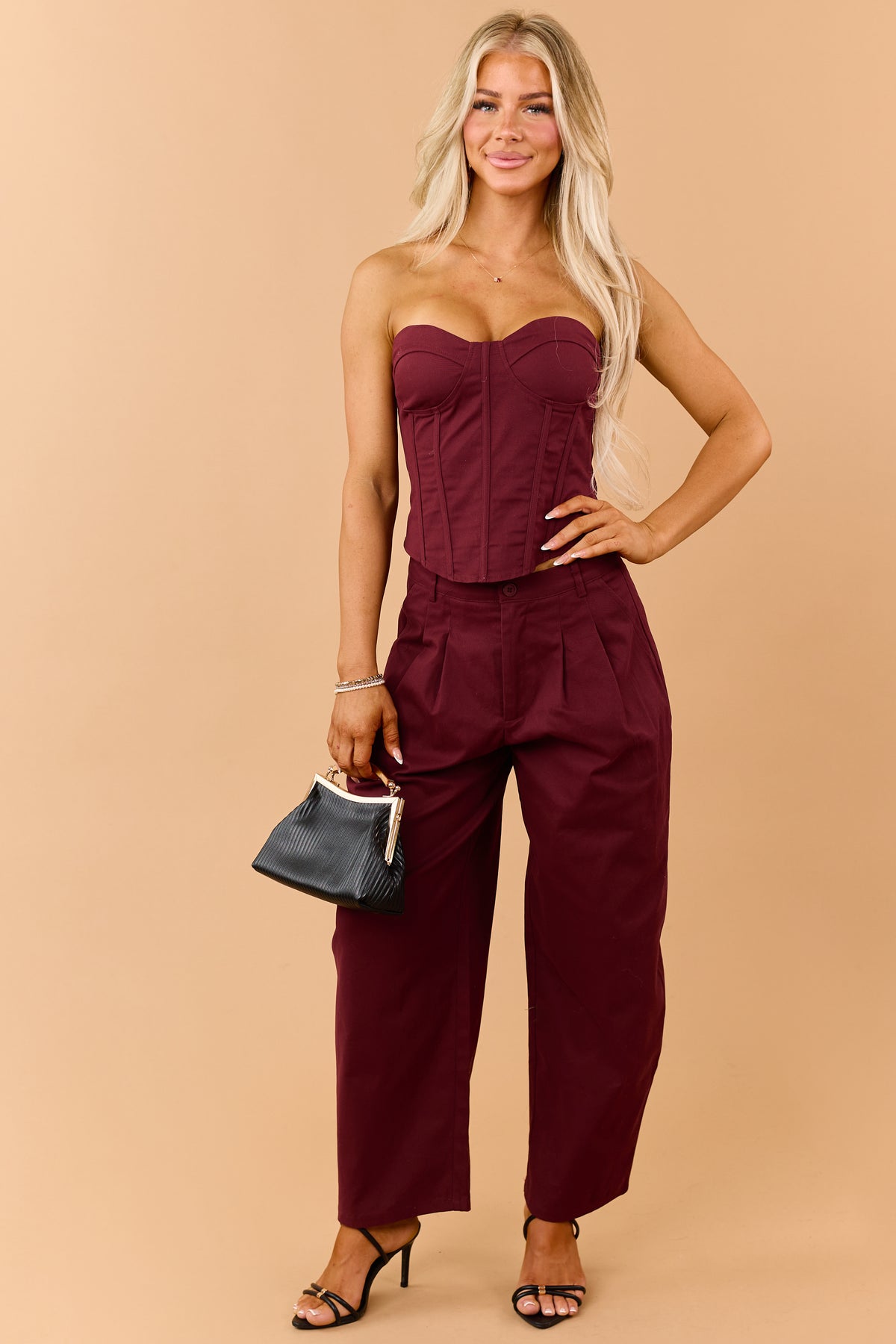 Maroon Corset Strapless Top and Barrel Pants Set