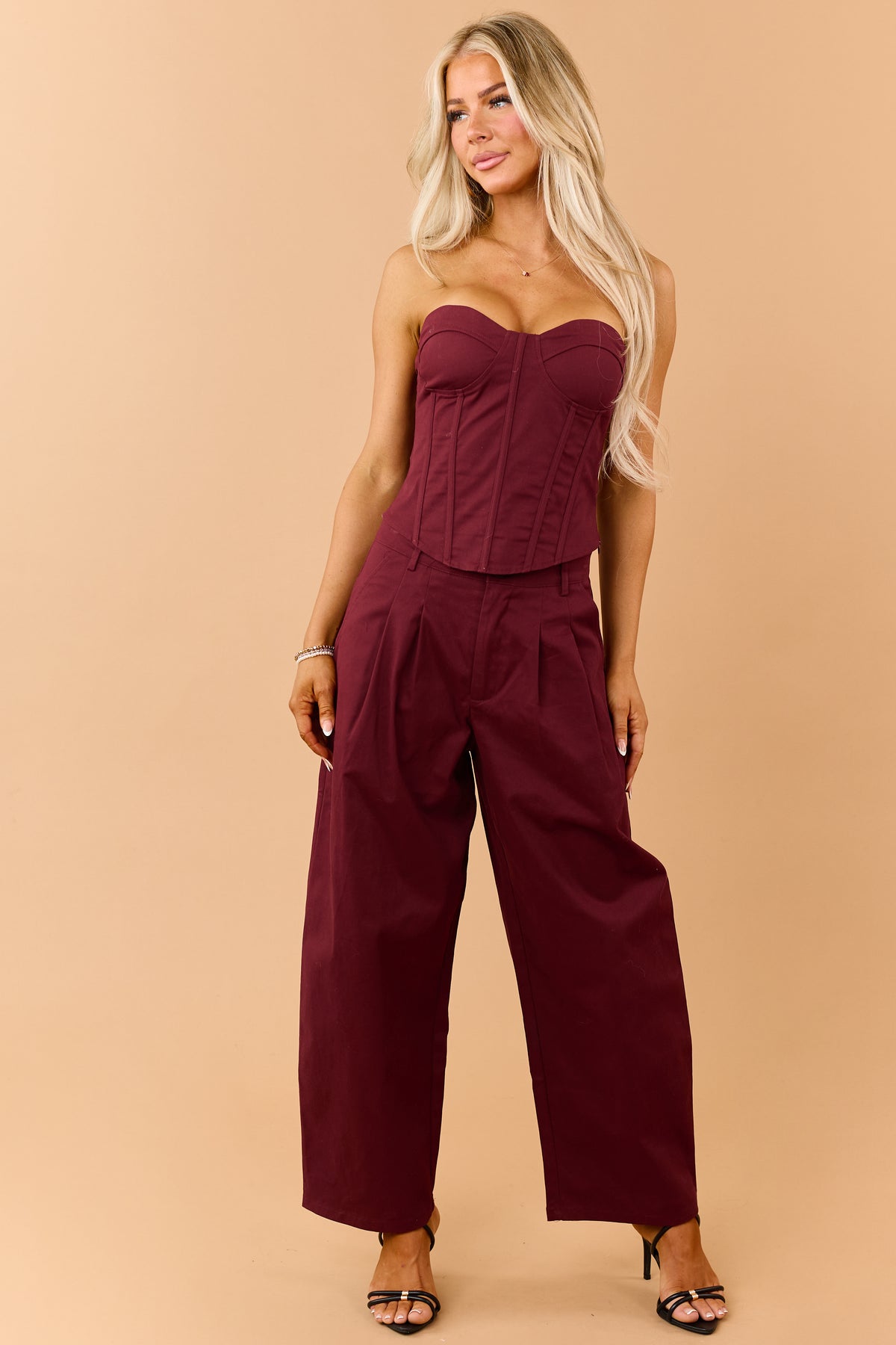 Maroon Corset Strapless Top and Barrel Pants Set