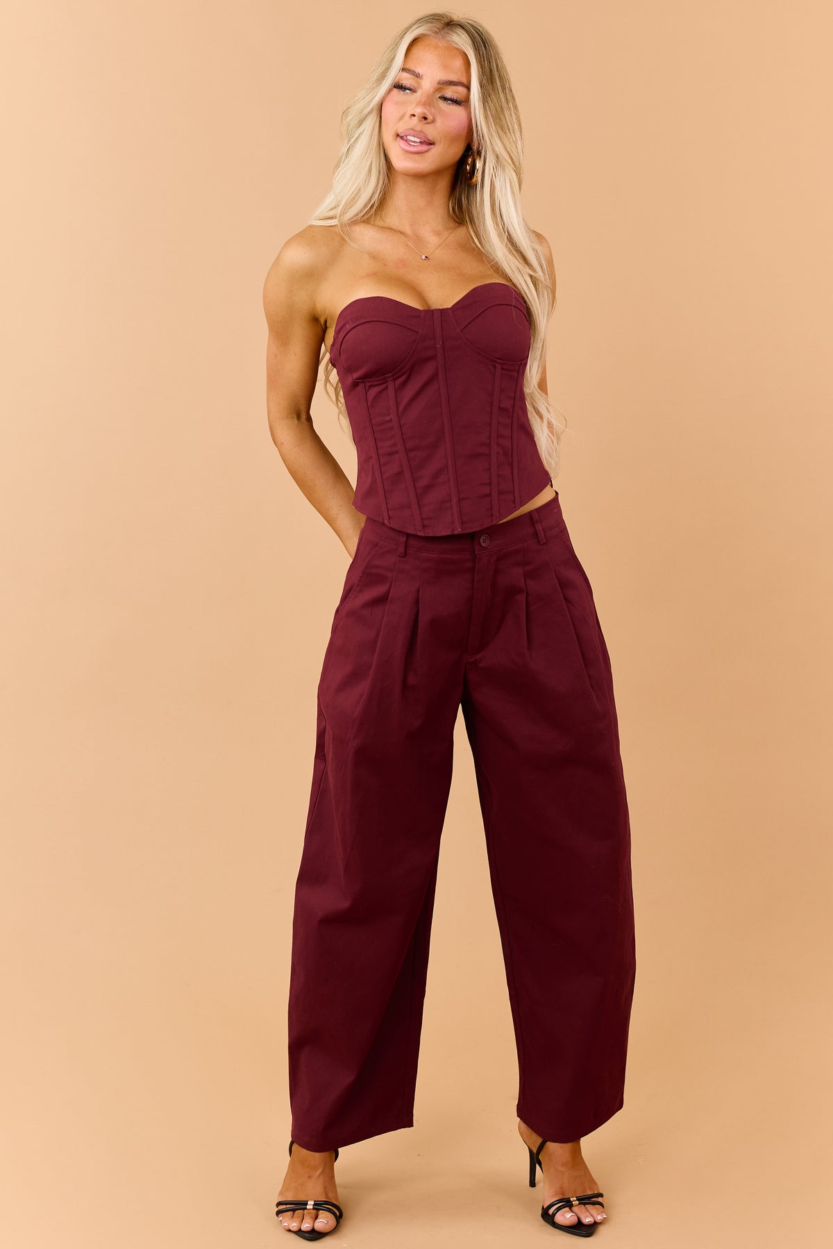 Maroon Corset Strapless Top and Barrel Pants Set