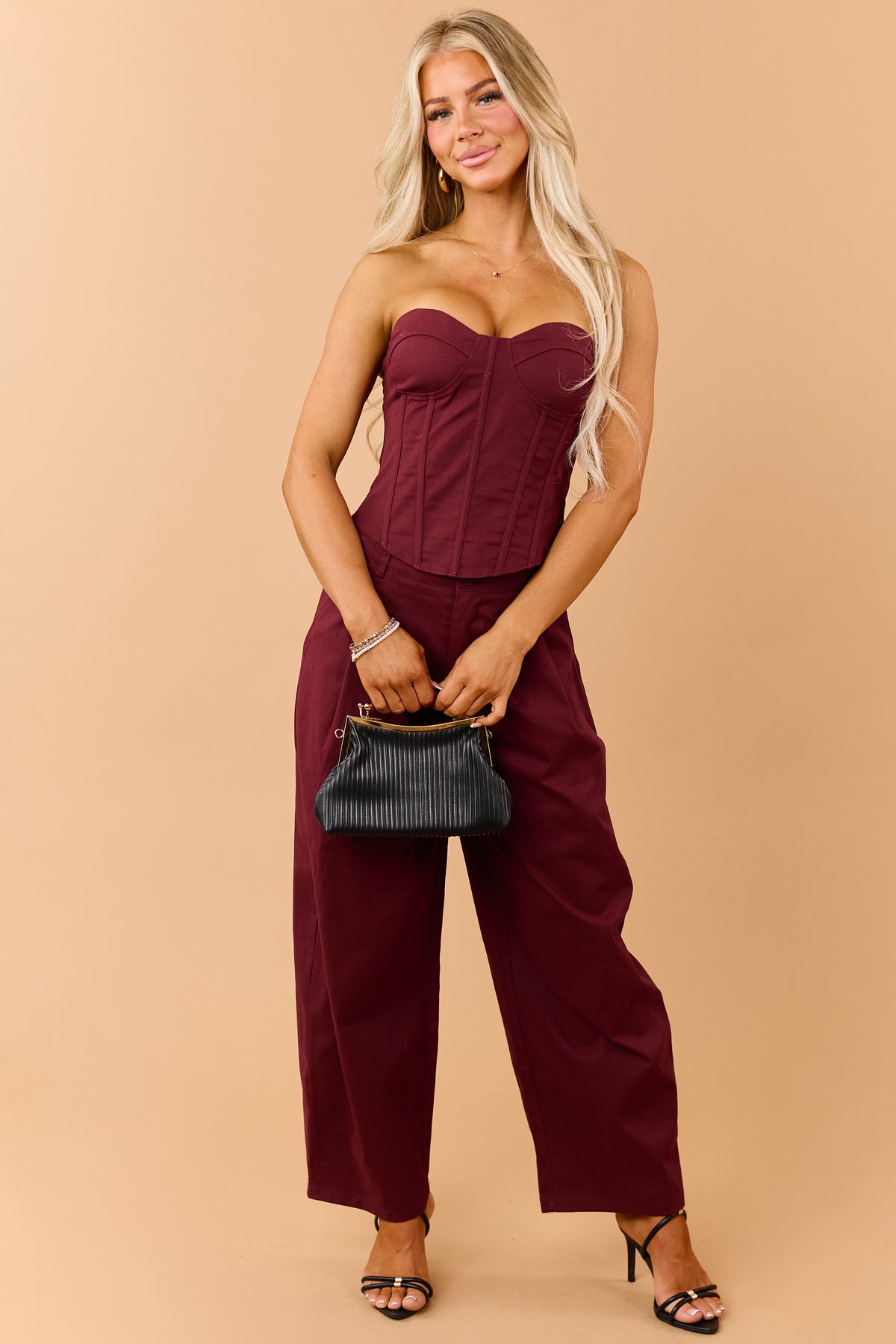 Maroon Corset Strapless Top and Barrel Pants Set