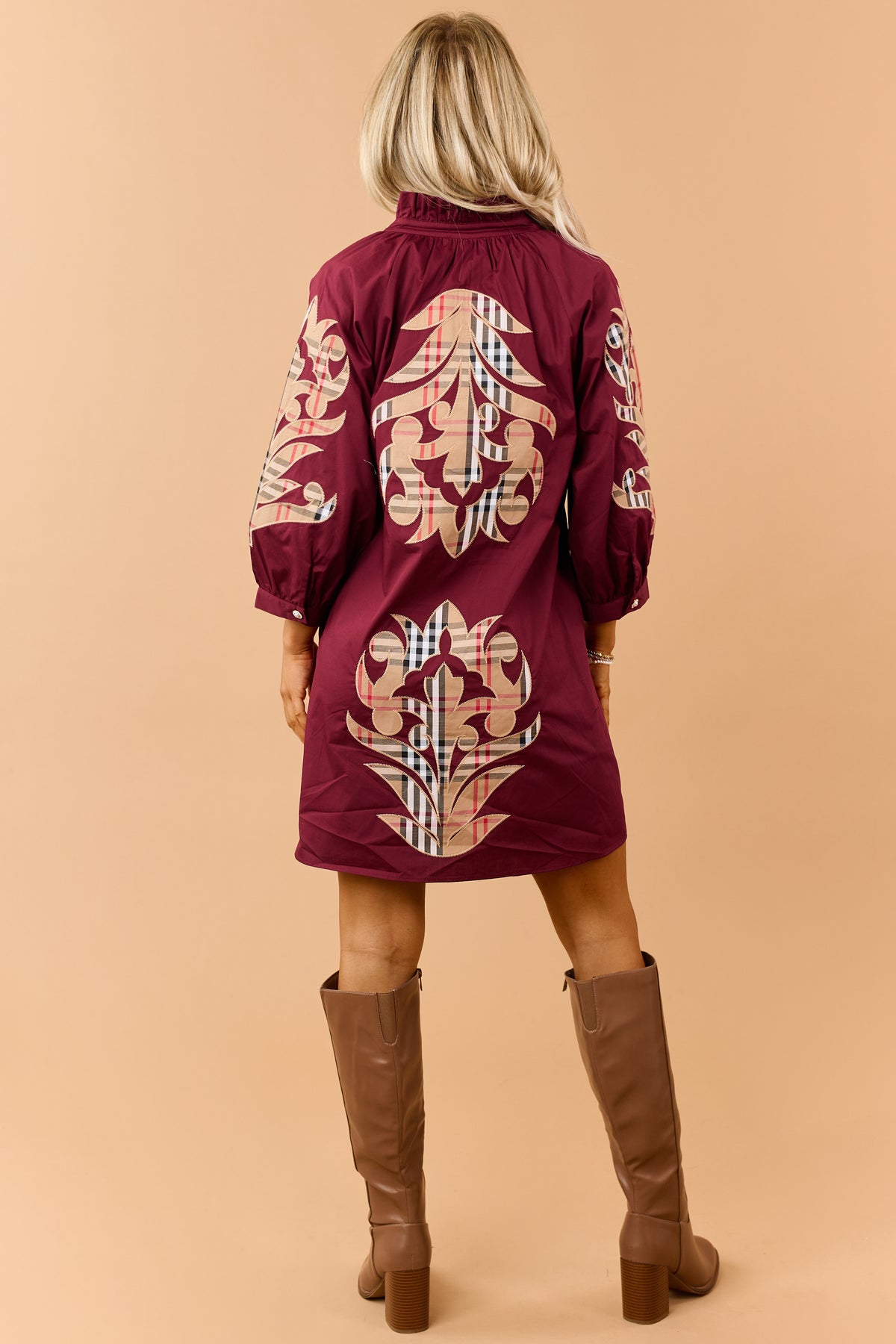 Maroon Cotton Plaid Baroque Applique Mini Dress
