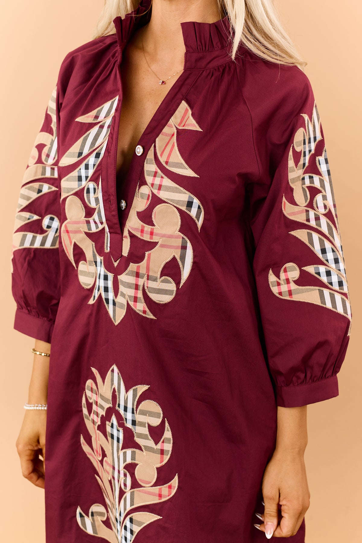 Maroon Cotton Plaid Baroque Applique Mini Dress