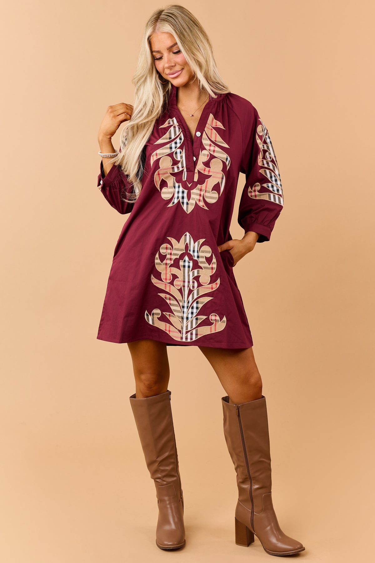 Maroon Cotton Plaid Baroque Applique Mini Dress