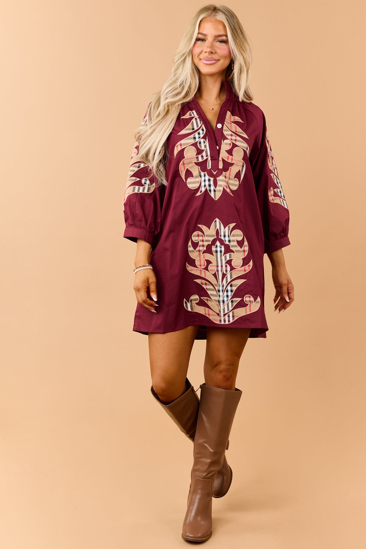 Maroon Cotton Plaid Baroque Applique Mini Dress
