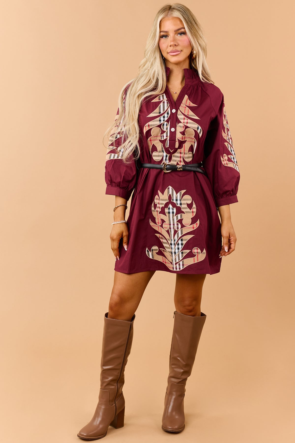 Maroon Cotton Plaid Baroque Applique Mini Dress