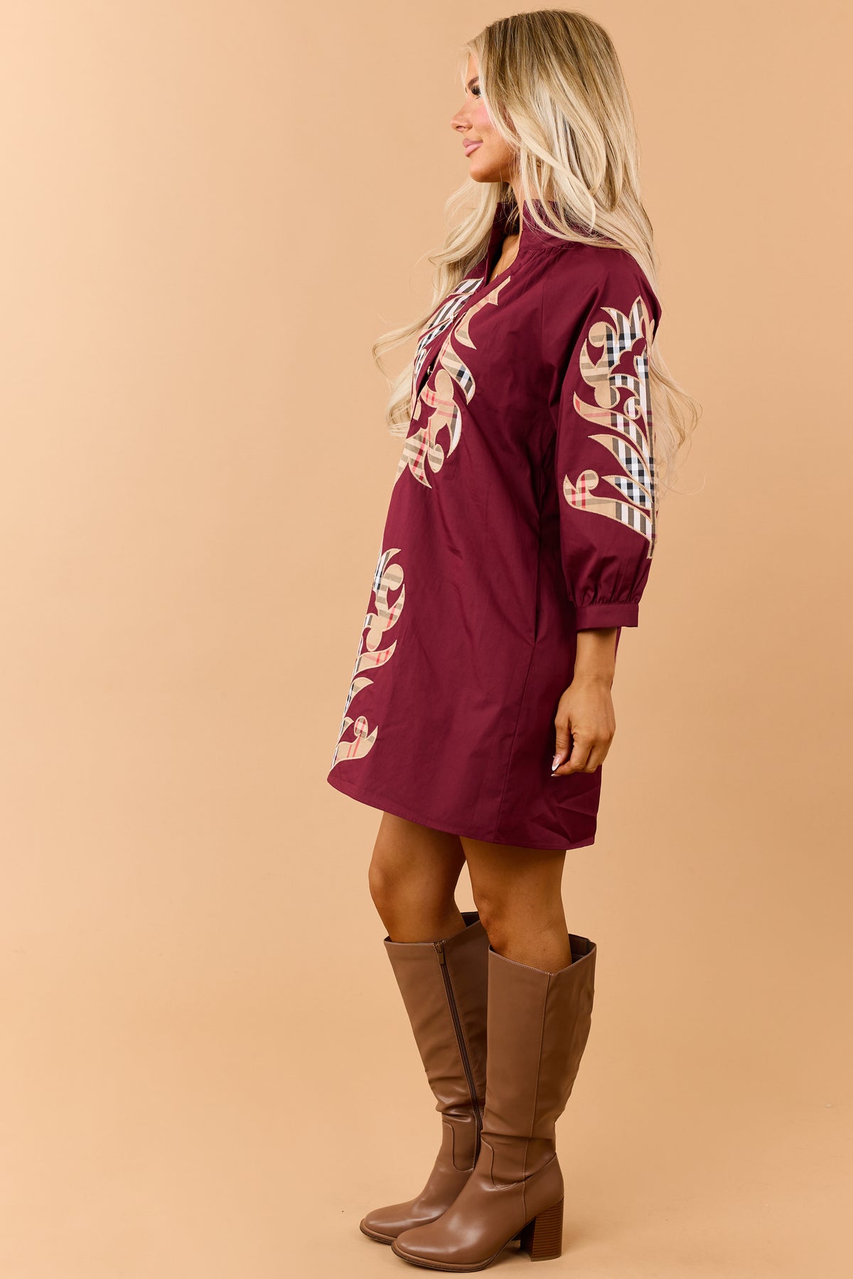 Maroon Cotton Plaid Baroque Applique Mini Dress