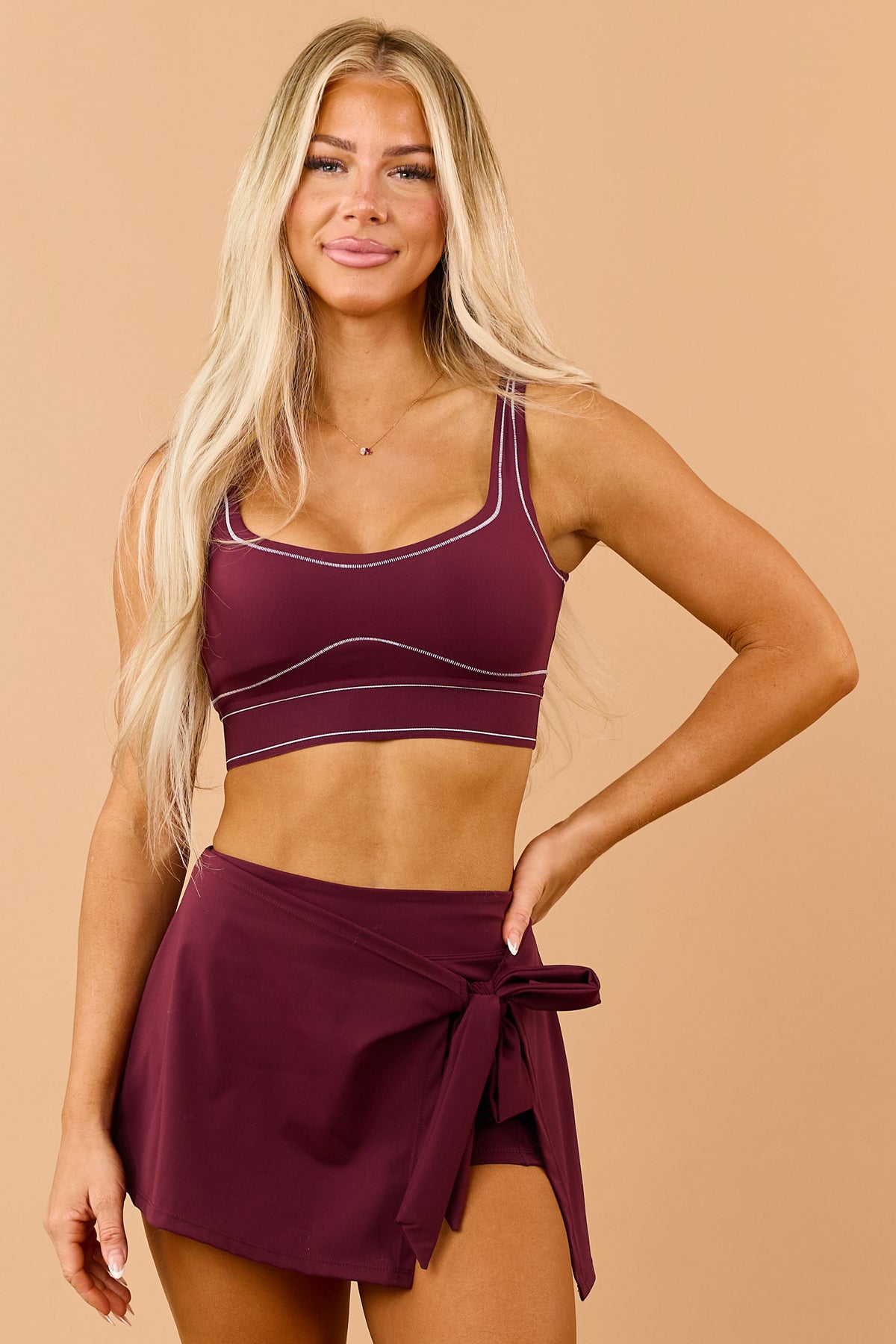 Maroon Elastic Contrast Stitch Sports Bra